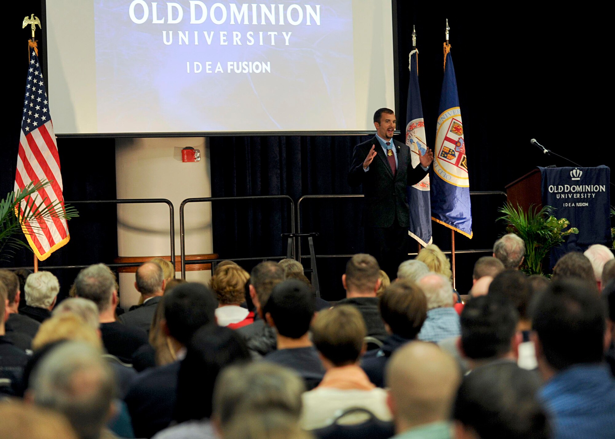 Medal of Honor recipient Sal Giunta, former U.S. Army staff sergeant, shares his story at Old Dominion University in Norfolk, Va., Nov. 14. Giunta was invited speak as part of ODU's President’s Lecture Series, a program aimed to bring speakers to the university’s campus to share knowledge, experiences and accomplishments. (U.S. Air Force photo by Airman 1st Class R. Alex Durbin/Released)