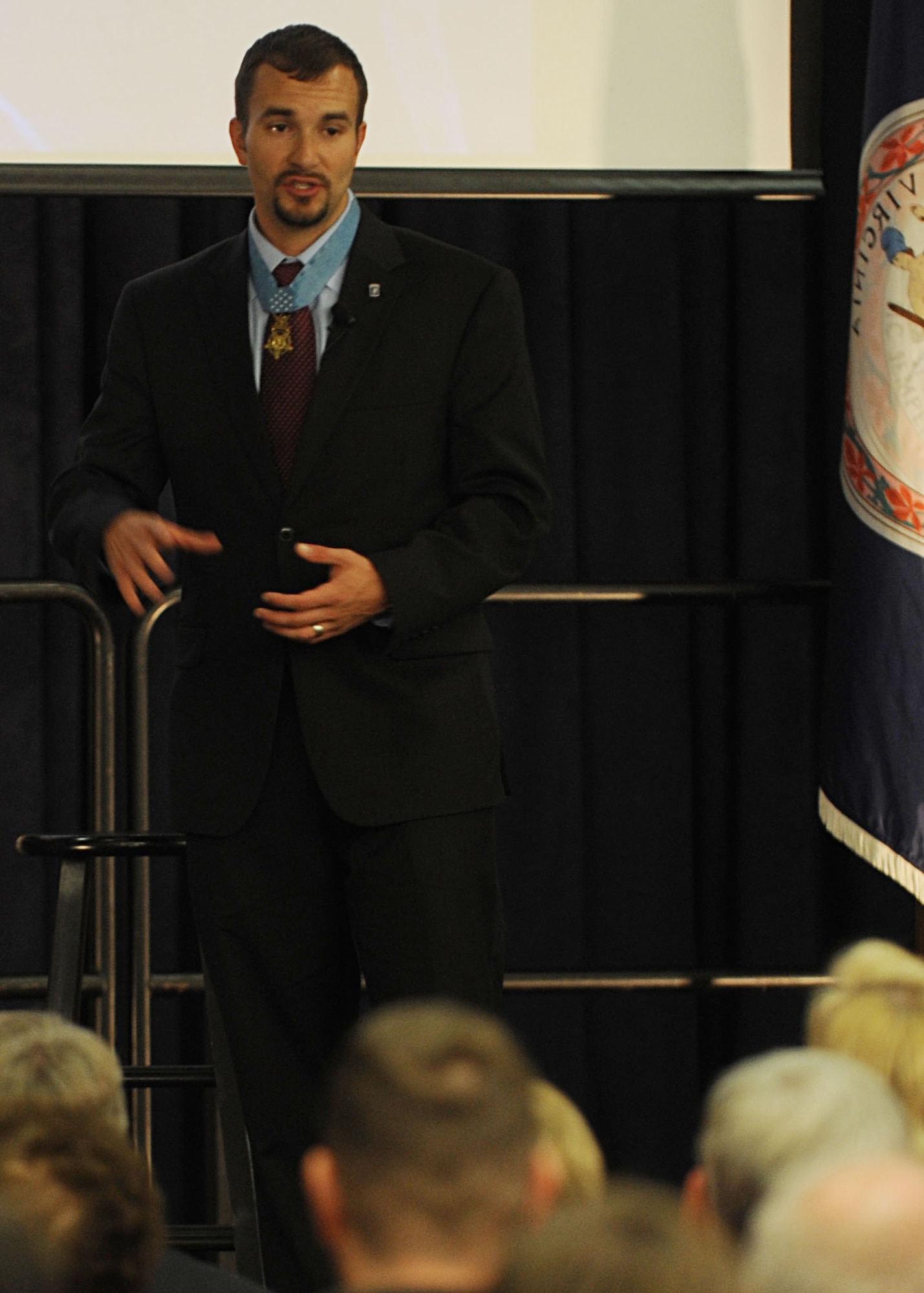 Medal of Honor recipient Sal Giunta, former U.S. Army staff sergeant, speaks about his military experiences at Old Dominion University in Norfolk, Va., Nov. 14. Giunta is the first living Service member to receive the nation’s highest military honor since the Vietnam War. (U.S. Air Force photo by Airman 1st Class R. Alex Durbin/Released)