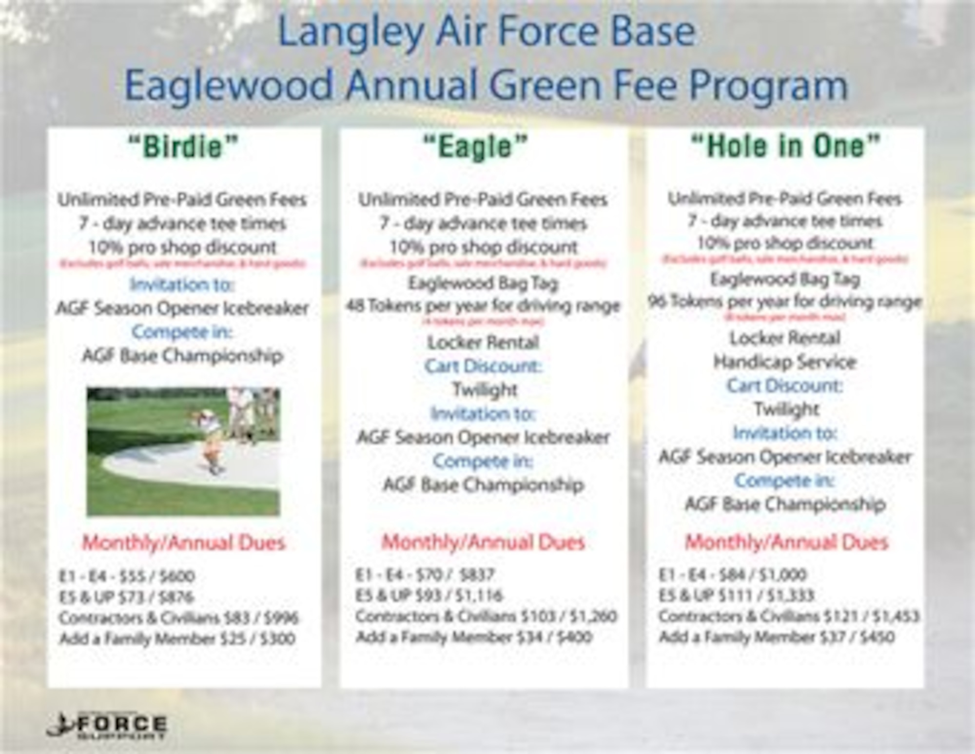 Eaglewood Golf Course, Langley Air Force Base, Va., membership options. (Courtesy graphic/Released)