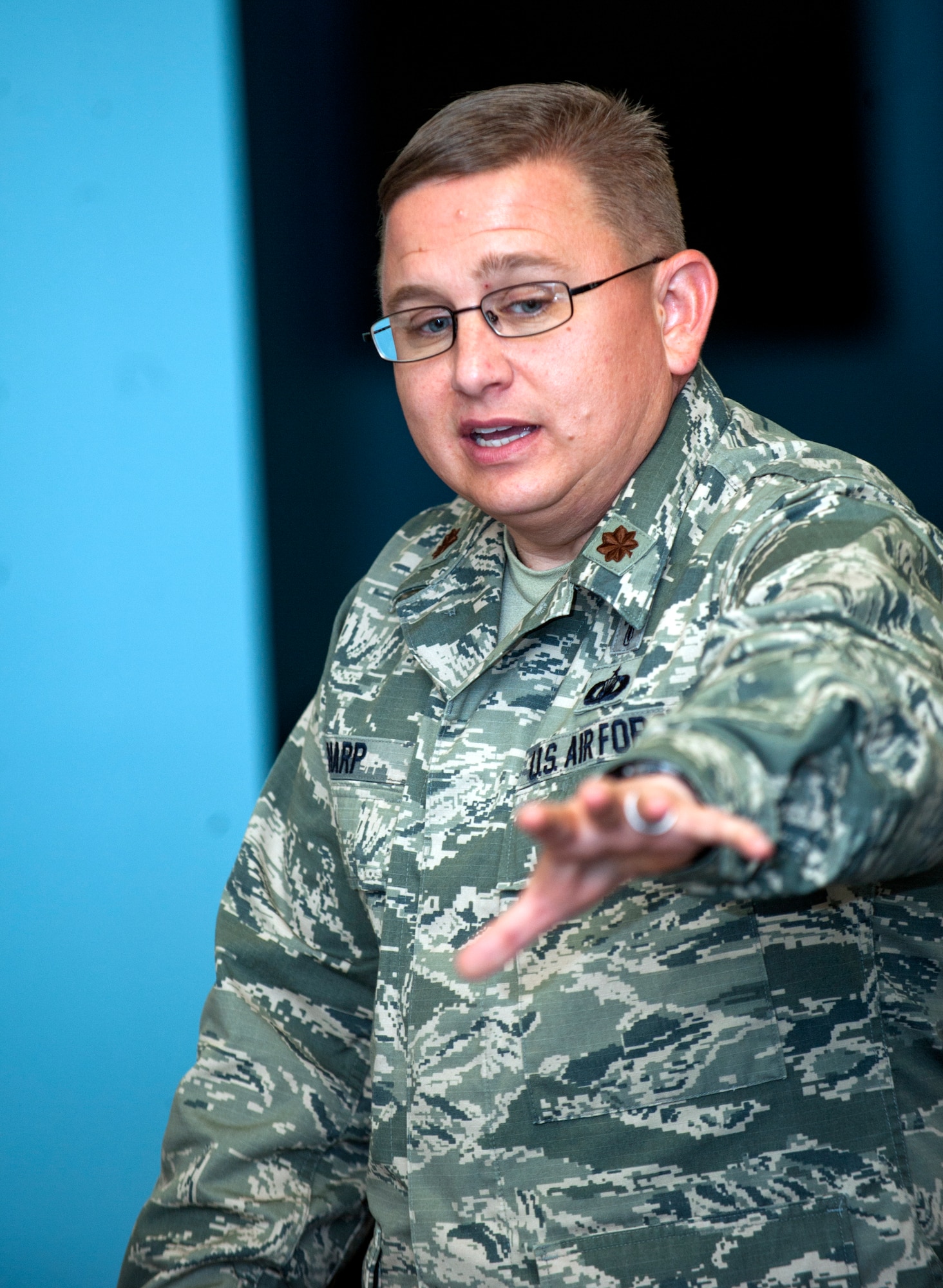 U.S. Air Force Chaplain (Maj.) Erik Harp, 93d Air Ground Operations Wing chaplain, speaks to local clergy members during the Partners for Spiritual Fitness for Moody Warriors visit at Moody Air Force Base, Ga., Nov. 14, 2013. Harp spoke about Moody’s mission, life in the military and the role of military chaplains. (U.S. Air Force photo by Senior Airman Jarrod Grammel/Released)
