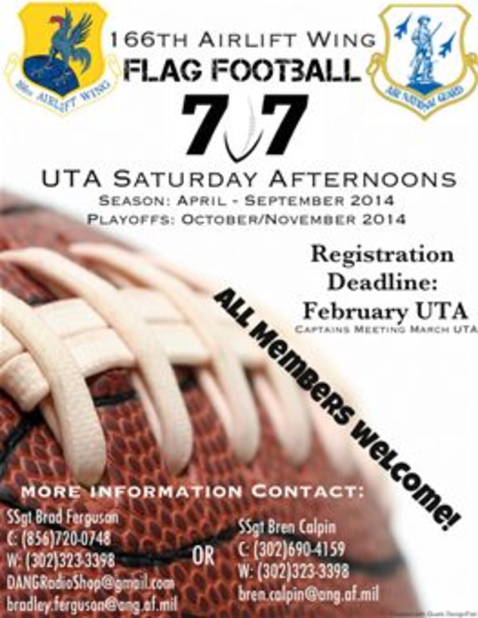 7x7 flag football league forming for all members of the 166th Airlift Wing