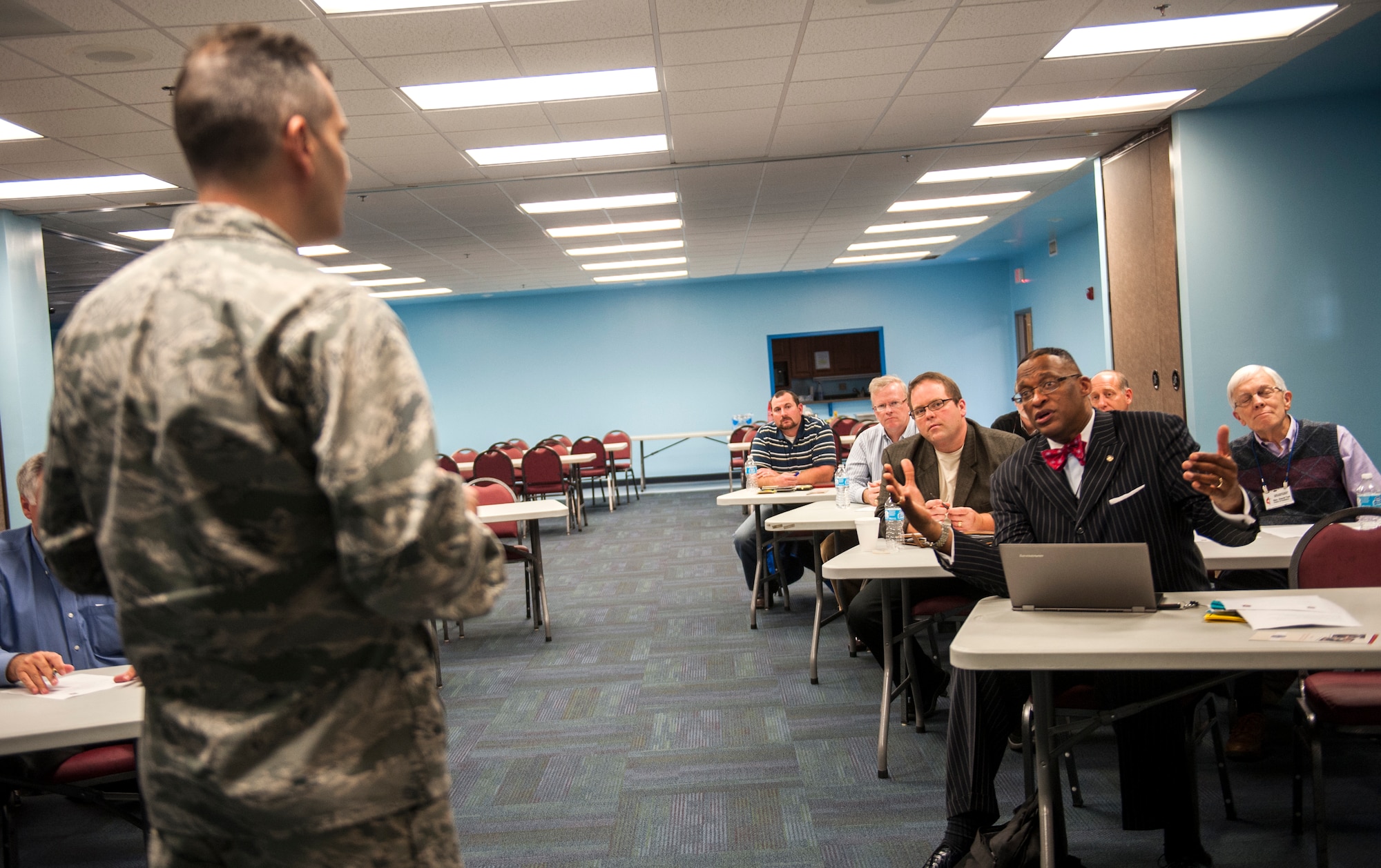 The Rev. J.P. Miller, Valdosta State Prison chaplain and Beulah Temple Ministries pastor, gives his input during a group discussion at Moody Air Force Base, Ga., Nov. 14, 2013. Although the Moody Chapel has held similar events in the past, this was the first ever Partners for Spiritual Fitness for Moody Warriors. (U.S. Air Force photo by Senior Airman Jarrod Grammel/Released)
