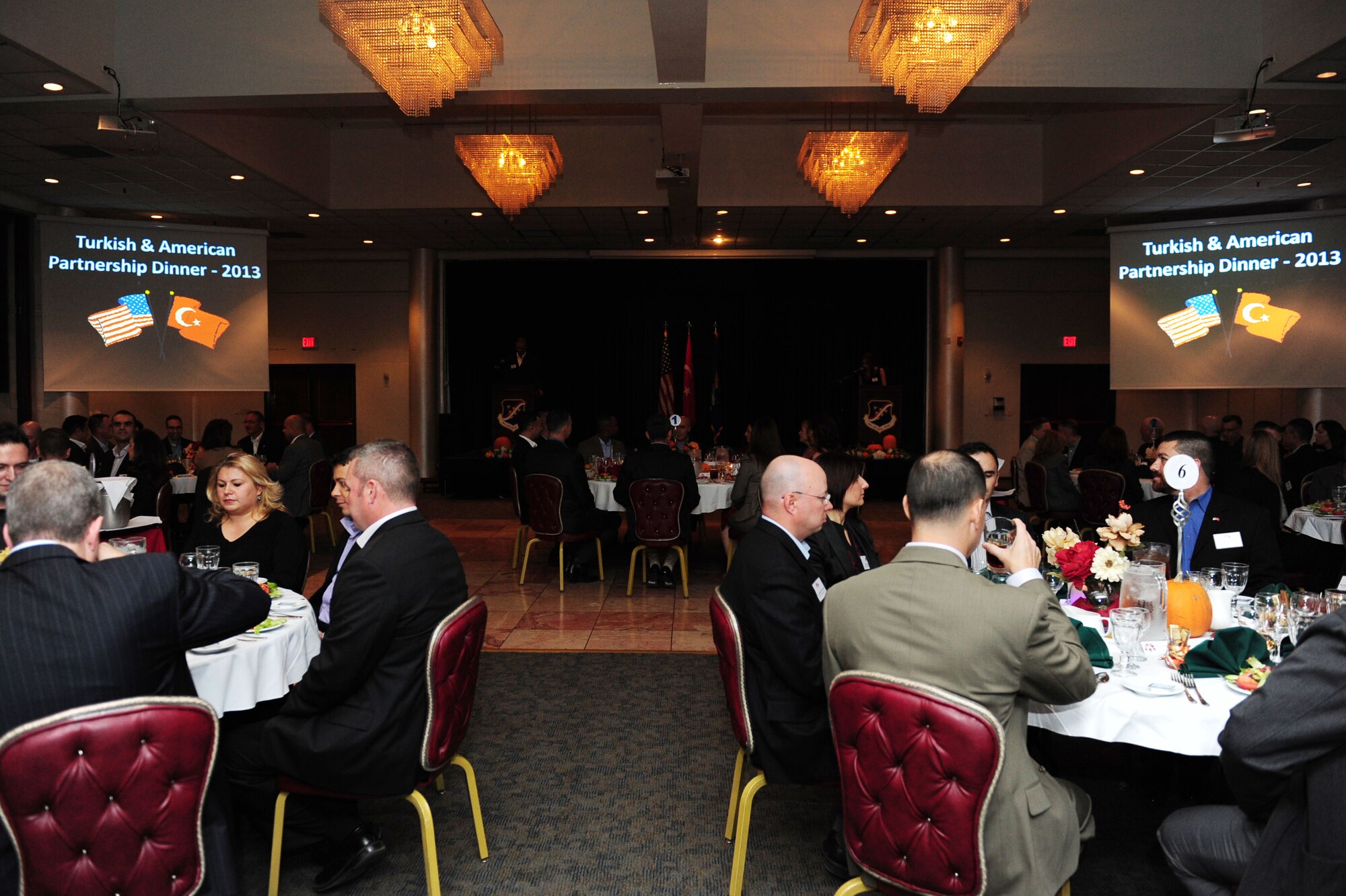 U.S. Air Force leaders from the 39th Air Base Wing and Turkish air force 10th Tanker Command leaders enjoy a traditional Thanksgiving dinner Nov. 16, 2013, at Incirlik Air Base Turkey.  The Thanksgiving dinner was held in celebration of the Turkish and U.S. partnership on Incirlik AB. (U.S. Air Force photo by Airman 1st Class Nicole Sikorski/Released)