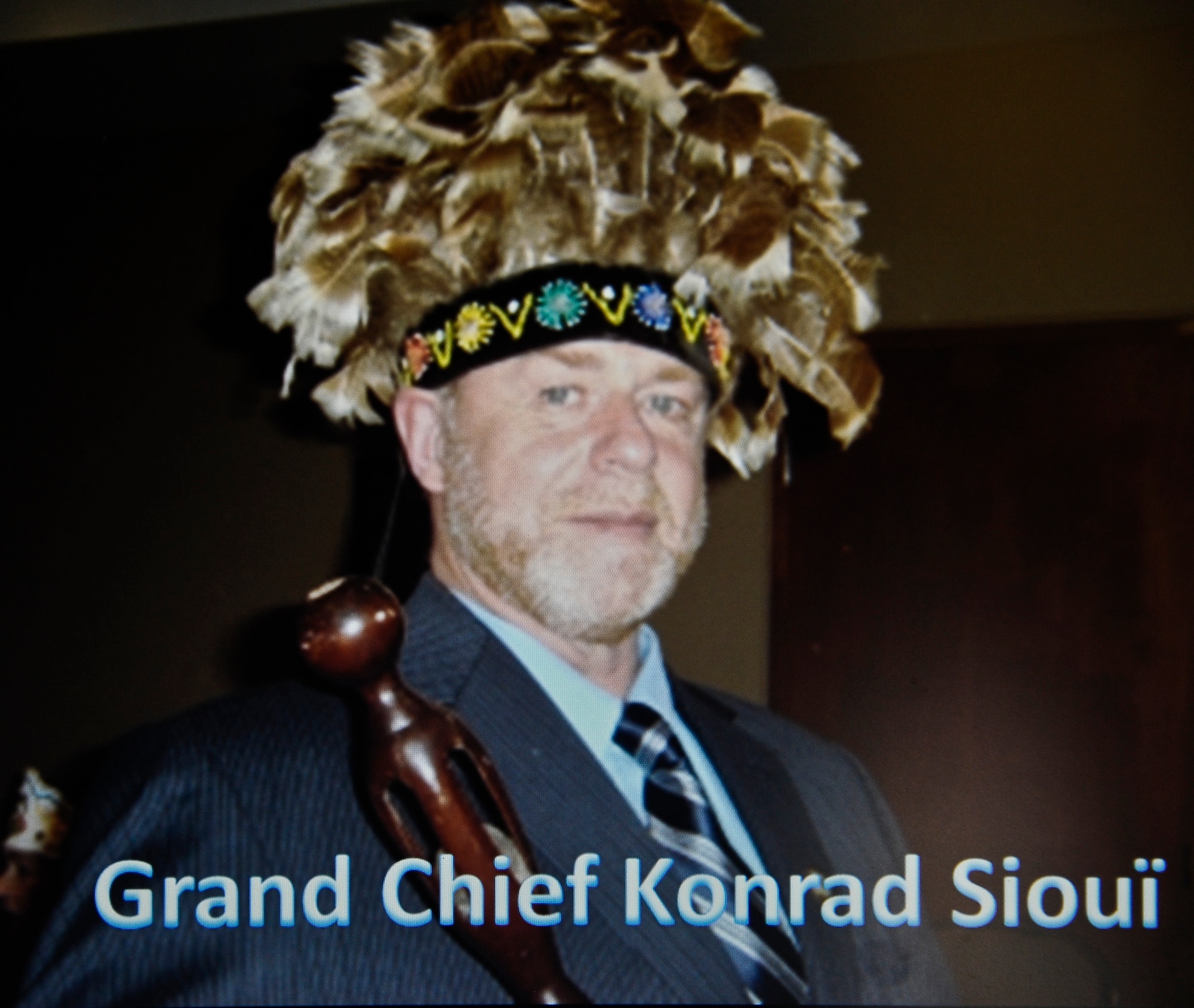 A picture of Grand Chief Konrad Sioui, clan chief of the Huron-Wendat/Wendake, is displayed during a National American Indian Heritage Month lunch and learn Nov. 13, 2013, at MacDill Air Force Base, Fla. (U.S. Air Force photo by Senior Airman Michael Ellis/Released)   
