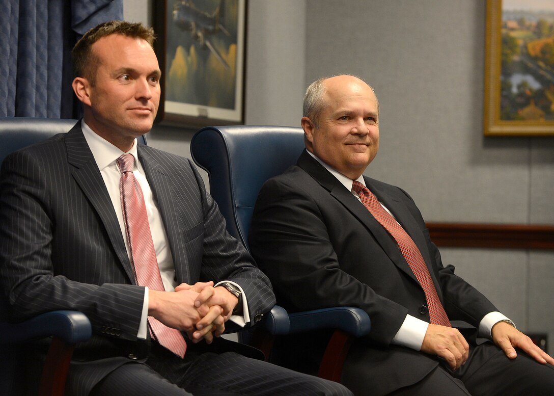 Acting Secretary of the Air Force Eric Fanning (left) sits with Maj. Gen. Charles Lyon before presenting Lyon the Zuckert Management award Nov. 18, 2013, during a Pentagon ceremony.  The Zuckert Management Award is named after the seventh secretary of the Air Force and is presented annually to recognize outstanding top-level Air Force managers.  (U.S. Air Force photo/Scott M. Ash)