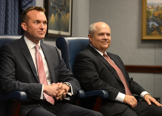 Acting Secretary of the Air Force Eric Fanning (left) sits with retired Maj. Gen. Charles Lyon before presenting Lyon the Zuckert Management award Nov. 18, 2013, during a Pentagon ceremony.  The Zuckert Management Award is named after the seventh secretary of the Air Force and is presented annually to recognize outstanding top-level Air Force managers.  (U.S. Air Force photo/Scott M. Ash)