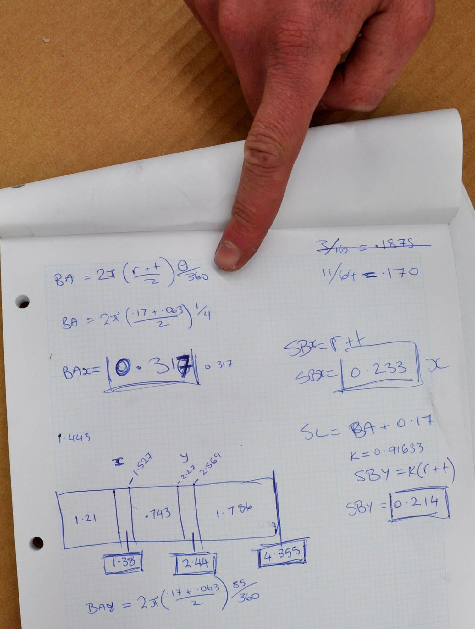 Royal New Zealand Air Force Karl Waiaraki points out calculations he made to fabricate an auxiliary power unit inlet door target sensor for a U.S. Air Force C-17 Globemaster III at RNZAF Base Ohakea’s Maintenance Support Squadron Structural Repair Bay Nov. 13 in Ohakea, New Zealand. Waiaraki fabricated a 4-inch metal plate to repair a malfunction on the C-17 which was causing the aircraft to be grounded. The C-17 is deployed in support of Exercise Kiwi Flag. Kiwi Flag is a multilateral RZNAF-sponsored tactical airlift exercise conducted annually in New Zealand. Service members from the USAF, RNZAF, Royal Australian Air Force, Republic of Singapore Armed Forces and French Armed Forces of New Caledonia are participating. Air operations will be conducted out of RNZAF Base Ohakea, New Zealand. Kiwi Flag personnel will provide air support to Exercise Southern Katipo, New Zealand Defence Force’s largest-ever multilateral joint force amphibious exercise with eight other nations participating: United States Army and Marines, Australia, Canada, France, Malaysia, Singapore, Papua New Guinea and Tonga. (U.S. Air Force photo by Senior Master Sgt. Denise Johnson)