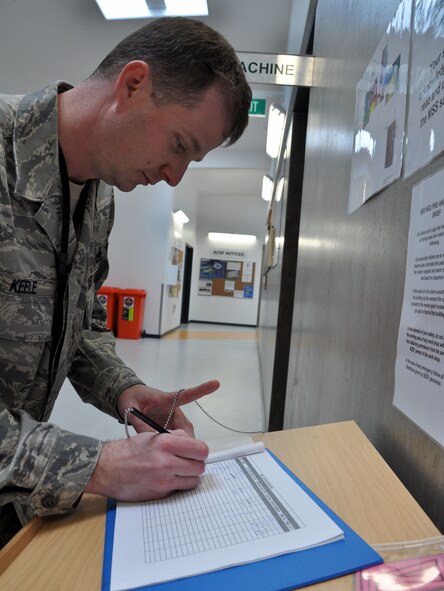 U.S. Air Force Master Sgt. Adam Keele, production superintendent, signs into the visitor’s log at the Royal New Zealand Air Force Base Ohakea’s Maintenance Support Squadron Structural Repair Bay Nov. 13 in Ohakea, New Zealand. Three U.S. Air Force Airmen are picking up an auxiliary power unit inlet door target sensor that RNZAF structural aircraft technicians crafted for a U.S. Air Force C-17 Globemaster III deployed in support of Exercise Kiwi Flag. Kiwi Flag is a multilateral RZNAF-sponsored tactical airlift exercise conducted annually in New Zealand. Service members from the USAF, RNZAF, Royal Australian Air Force, Republic of Singapore Armed Forces and French Armed Forces of New Caledonia are participating. Air operations will be conducted out of RNZAF Base Ohakea, New Zealand. Kiwi Flag personnel will provide air support to Exercise Southern Katipo, New Zealand Defence Force’s largest-ever multilateral joint force amphibious exercise with eight other nations participating: United States Army and Marines, Australia, Canada, France, Malaysia, Singapore, Papua New Guinea and Tonga. The Airmen are deployed to the 517th Expeditionary Airlift Squadron from Joint Base Elmendorf-Richardson, Alaska. Keele calls Victor, Montana, home. (U.S. Air Force photo by Senior Master Sgt. Denise Johnson)