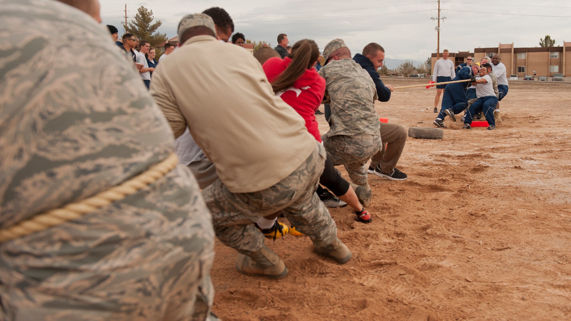 Members of Team Holloman compete in the tug-of-war tournament as part of Sports Day at Holloman Air Force Base, N.M., Nov. 15. Sports Day is an annual event held through the Domenici Fitness and Sports Center, in which Holloman units to compete against one another in various team and individual events. (U.S. Air Force photo by Airman 1st Class Aaron Montoya/Released)