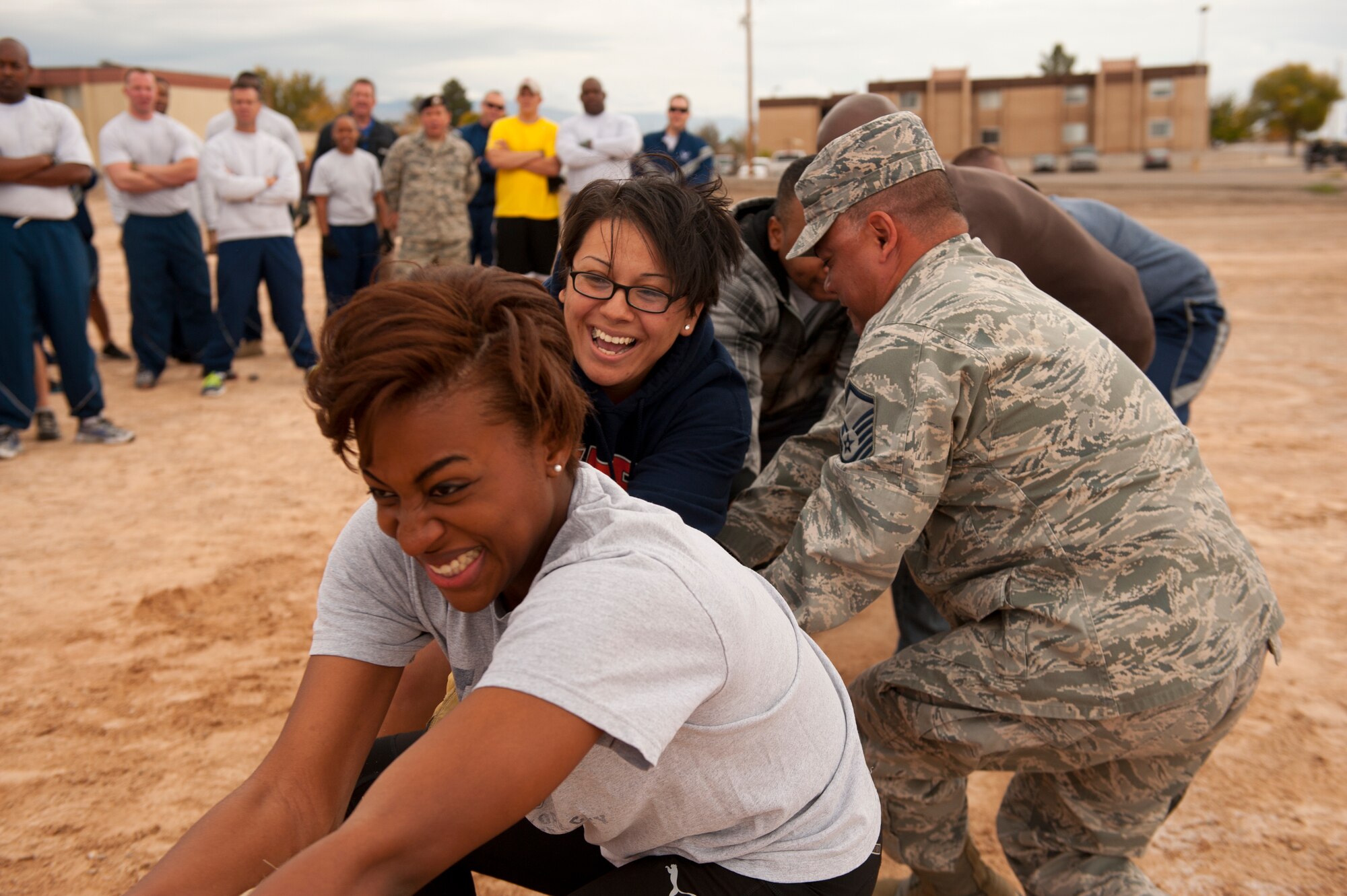 Members of Team Holloman compete in the tug-of-war tournament as part of Sports Day at Holloman Air Force Base, N.M., Nov. 15. Sports Day is an annual event held through the Domenici Fitness and Sports Center, in which Holloman units to compete against one another in various team and individual events. (U.S. Air Force photo by Airman 1st Class Aaron Montoya/Released)