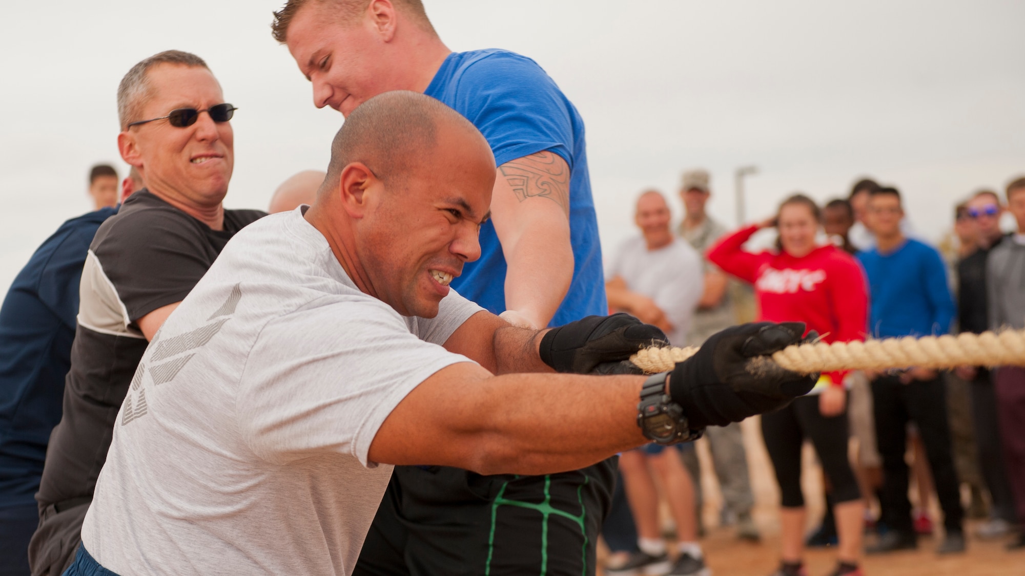Members of Team Holloman compete in the tug-of-war tournament as part of Sports Day at Holloman Air Force Base, N.M., Nov. 15. Sports Day is an annual event held through the Domenici Fitness and Sports Center, in which Holloman units to compete against one another in various team and individual events. (U.S. Air Force photo by Airman 1st Class Aaron Montoya/Released)