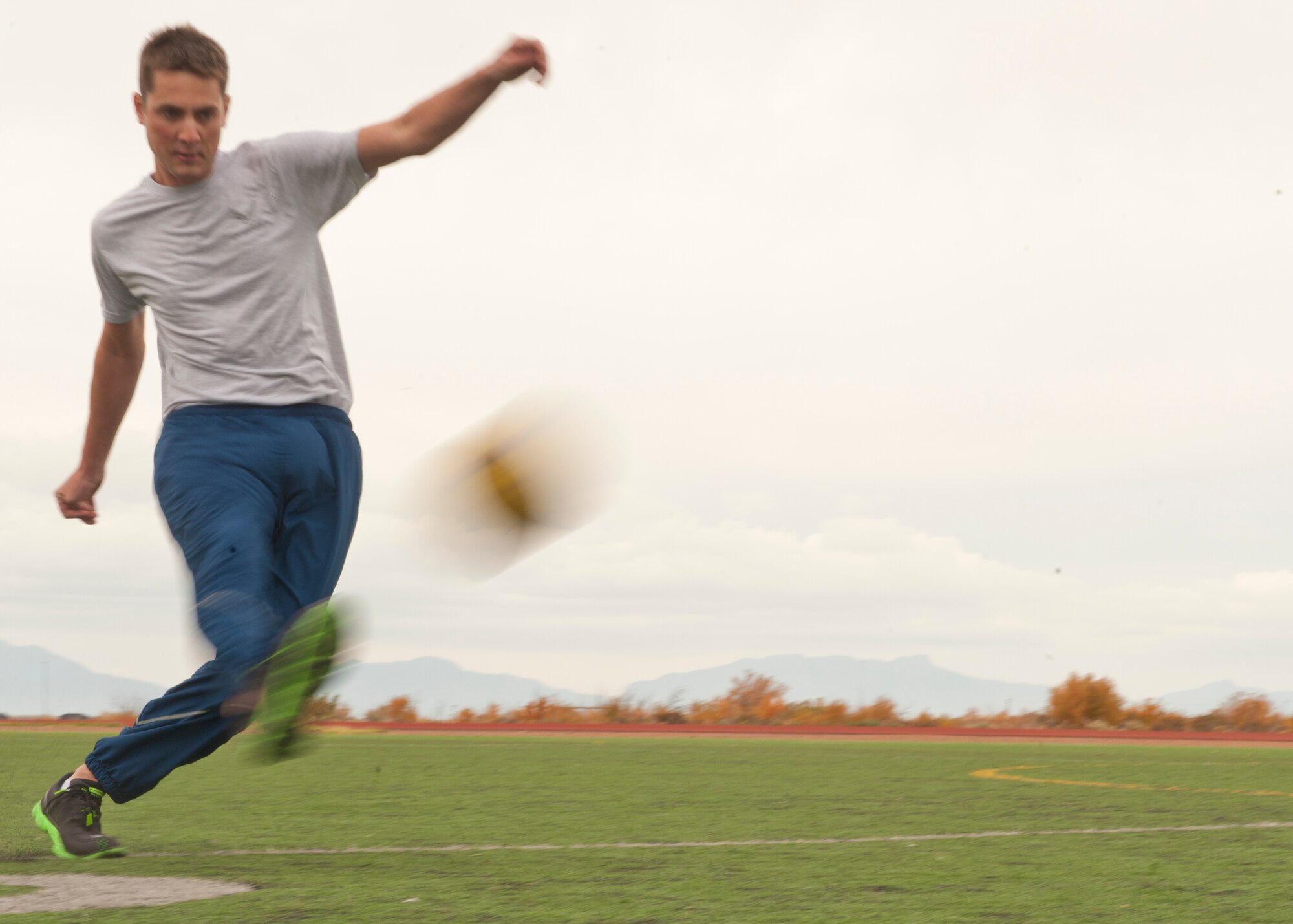 A member of Team Holloman aims for the goal in a soccer skills kick contest as part of Sports Day at Holloman Air Force Base, N.M., Nov. 15. Sports Day is an annual event held through the Domenici Fitness and Sports Center, in which Holloman units to compete against one another in various team and individual events. (U.S. Air Force photo by Airman 1st Class Aaron Montoya/Released)