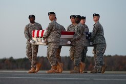 A U.S. Army carry team transfers the remains of Staff Sgt. Alex A. Viola, of Keller, Texas, during a dignified transfer Nov. 19, 2013, at Dover Air Force Base, Del. Viola was assigned to the 3rd Battalion, 7th Special Forces Group (Airborne), Eglin AFB, Fla. (U.S. Air Force photo/Greg L. Davis)