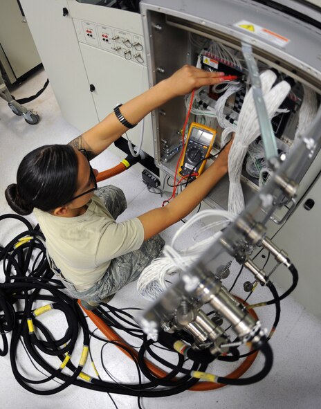 U.S. Air Force Staff Sgt. Lynette Mitchell, 7th Component Maintenance Squadron avionics maintenance technician, tests electrical connections in a digital test station with a multi-meter  Nov. 13, 2013, at Dyess Air Force Base, Texas. Digital test stations are used to trouble shoot electric issues on the B-1B Lancer. (U.S. Air Force photo by Airman 1st Class Kedesha Pennant/Released)