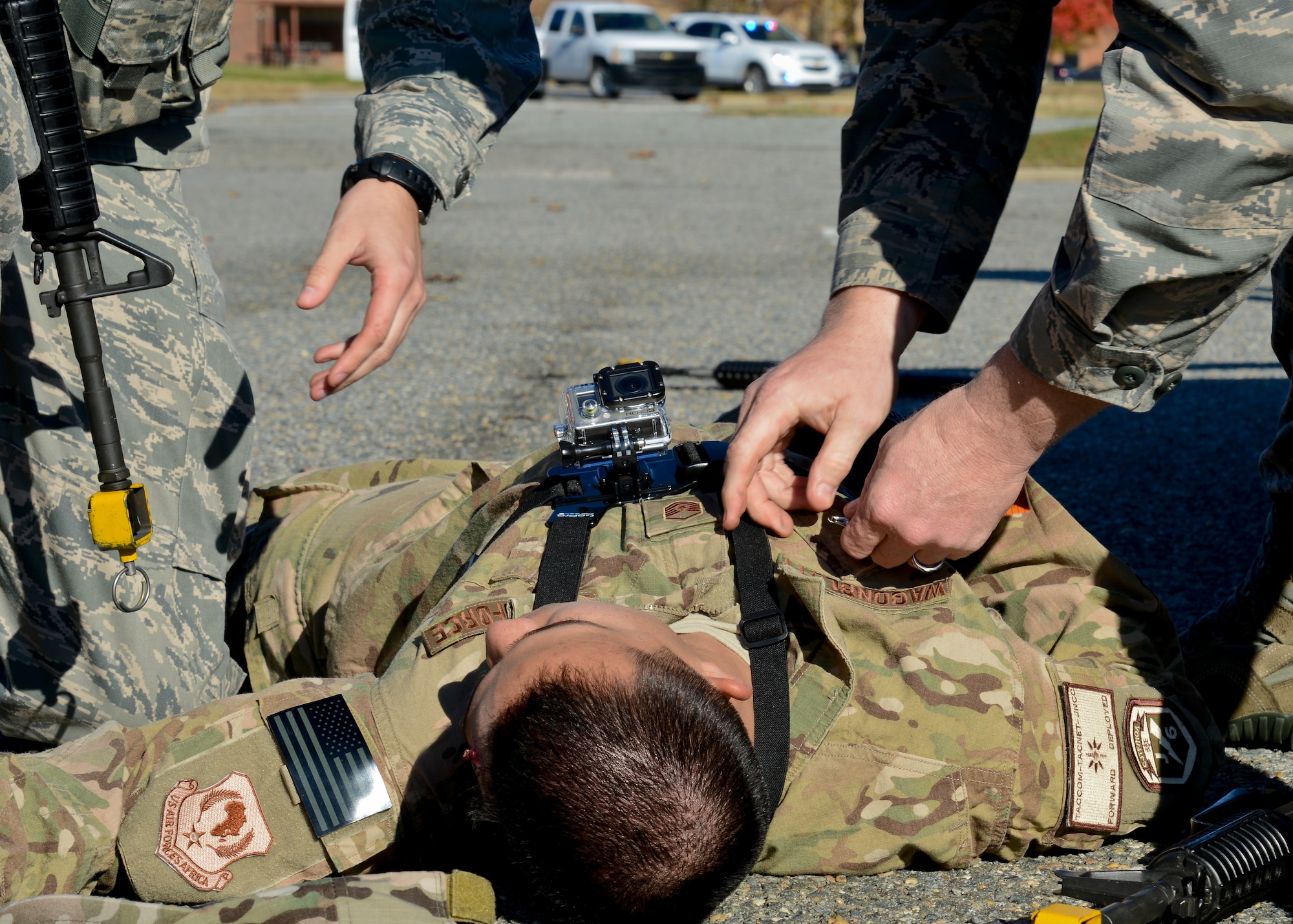 U.S. Air Force Airmen participate in an active-shooter exercise at Langley Air Force Base, Va., Nov. 19, 2013. During the exercise, the 633rd Security Forces Squadron responded to the scene, using the training opportunity to hone their emergency-response skills.  (U.S. Air Force photo by Airman 1st Class Victoria H. Taylor/Released)