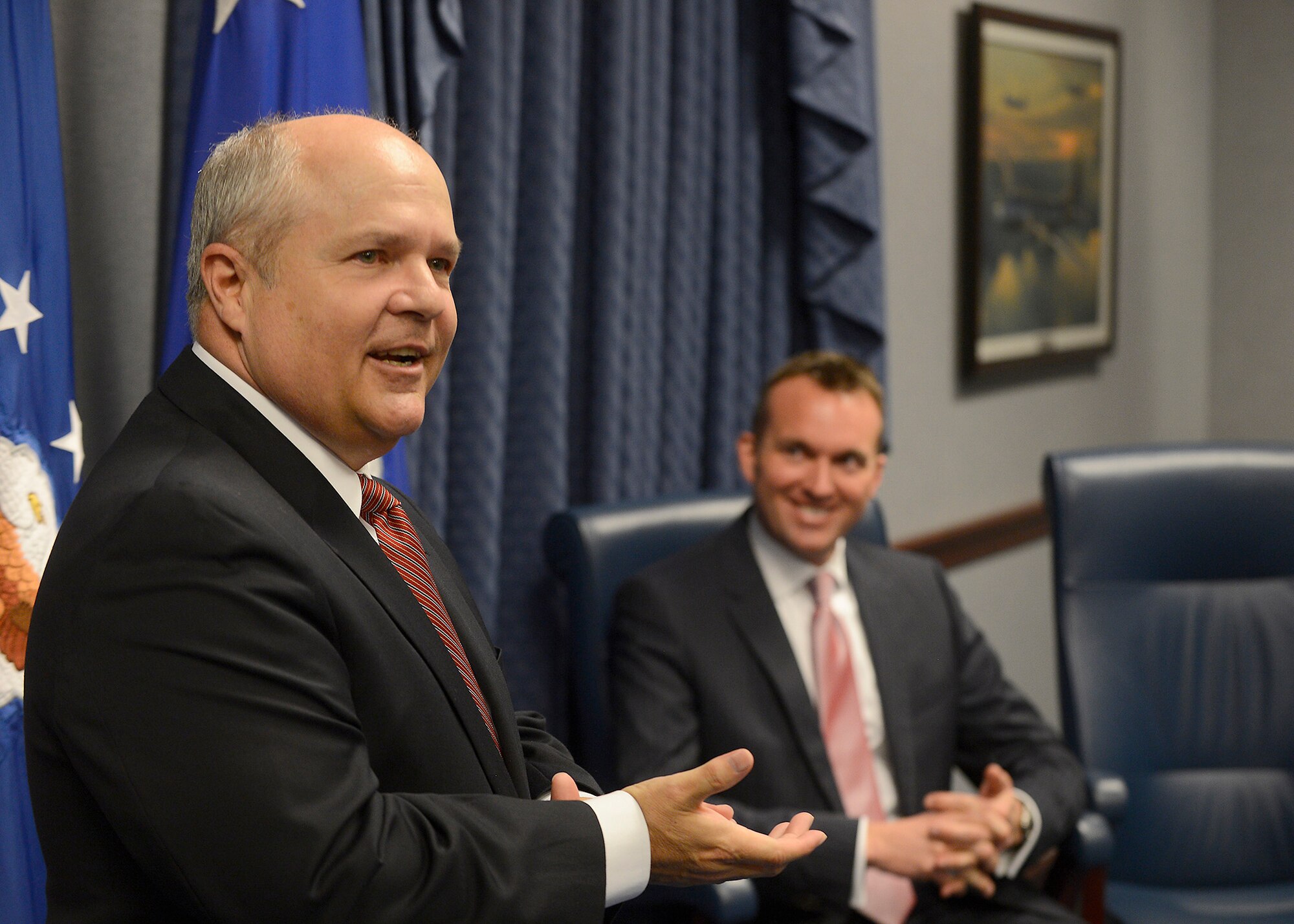 Retired Maj. Gen. Charles Lyon addresses a small audience that witnessed Acting Secretary of the Air Force Eric Fanning present Lyon the Zuckert Management award during a Pentagon ceremony Nov. 18, 2013. The Zuckert Management Award is named after the seventh secretary of the Air Force and is presented annually to recognize outstanding top-level Air Force managers. (U.S. Air Force photo/Scott M. Ash)

