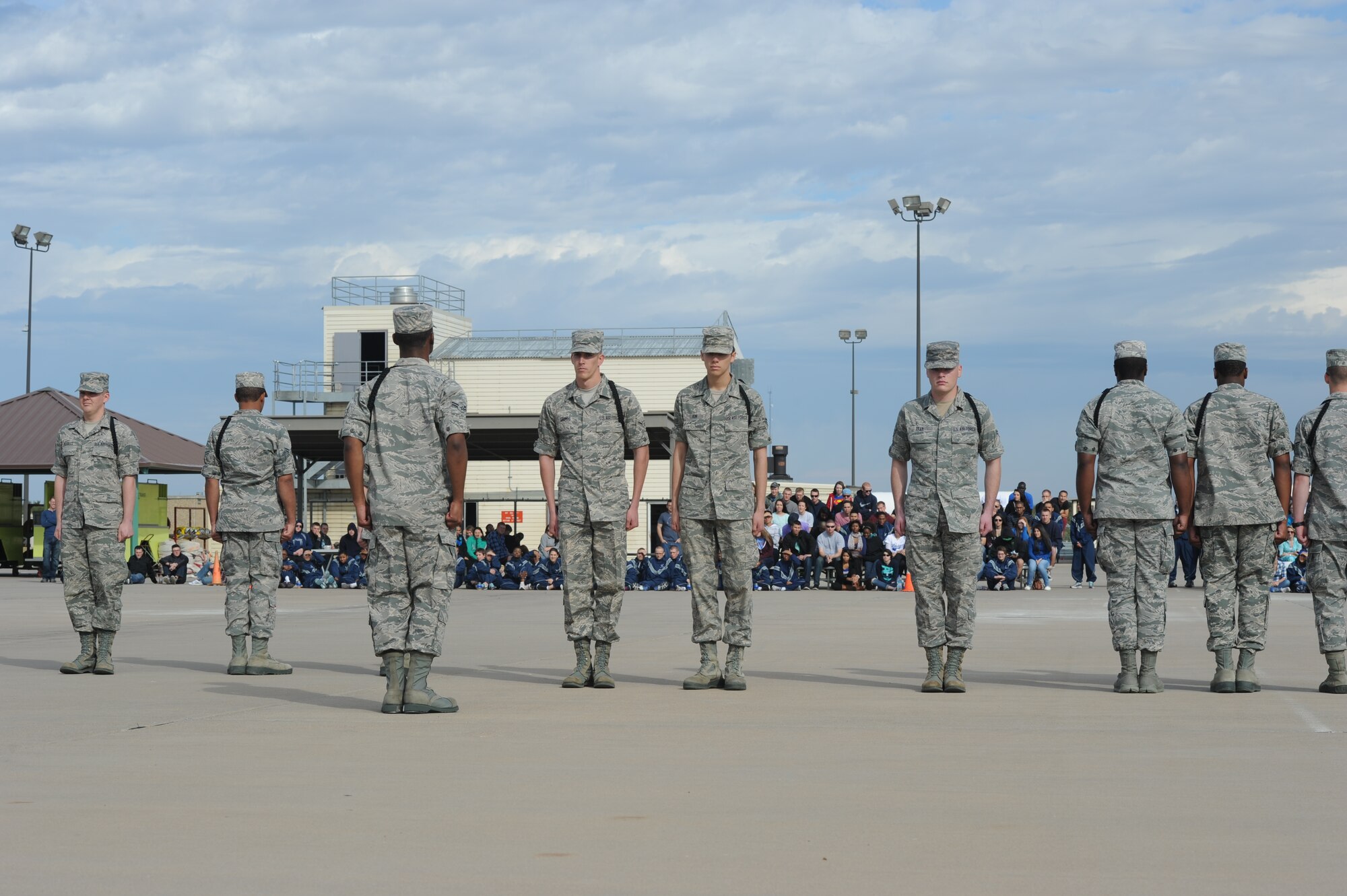 GOODFELLOW AIR FORCE BASE, Texas -- The 316th Training Squadron drill team performs an exhibition drill during the 17th Training Group’s quarterly drill competition at the 5th Annual Goodfellow Community Appreciation Day at the Louis F. Garland Department of Defense Fire Academy Nov. 16. The event was open to the public for free and featured many demonstrations and vendors. (U.S. Air Force photo/ Staff Sgt. Laura R. McFarlane)