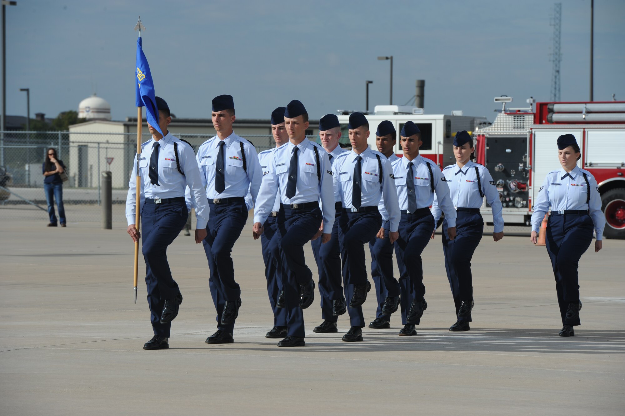 GOODFELLOW AIR FORCE BASE, Texas -- The 315th Training Squadron drill team performs a regulation drill during the 17th Training Group’s quarterly drill competition at the 5th Annual Goodfellow Community Appreciation Day at the Louis F. Garland Department of Defense Fire Academy Nov. 16. Community Appreciation Day allowed for members of the San Angelo community to come on base to see demonstrations and displays provided by several units.  (U.S. Air Force photo/ Staff Sgt. Laura R. McFarlane)