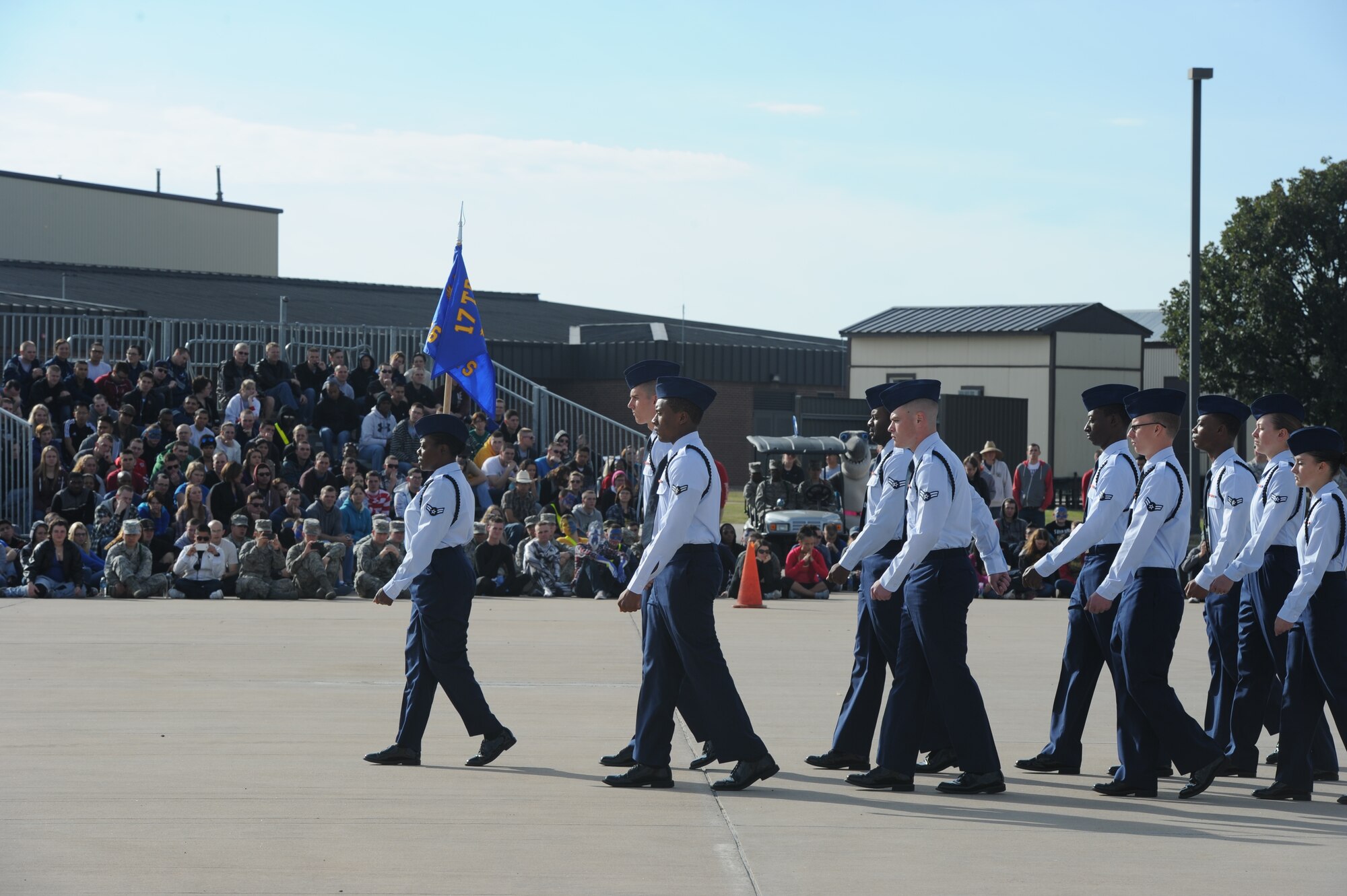 GOODFELLOW AIR FORCE BASE, Texas -- The 316th Training Squadron drill team performs a regulation drill during the 17th Training Group’s quarterly drill competition at the 5th Annual Goodfellow Community Appreciation Day at the Louis F. Garland Department of Defense Fire Academy Nov. 16. Other performances during the competition included uniform inspections and exhibition drill. (U.S. Air Force photo/ Staff Sgt. Laura R. McFarlane)