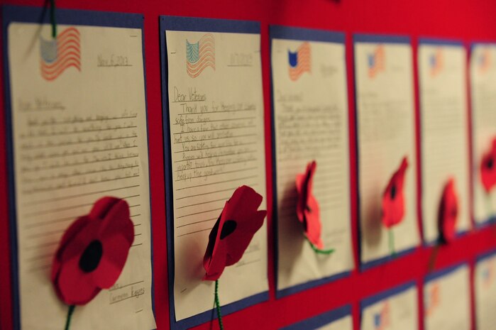 Letters written to American war veterans line the halls of Doris French Elementary School in Las Vegas, Nov. 8, 2013. As part of their annual Veteran’s Day Celebration, the school invited Airmen from Nellis and Creech Air Force Bases to attend a school assembly and speak with students about their time in the military. (U.S. Air Force photo by Airman 1st Class Joshua Kleinholz)