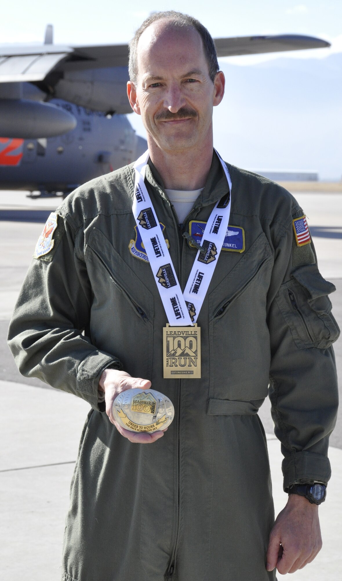 Senior Master Sgt. Ken Kunkel, an instructor/evaluator C-130 flight engineer assigned to the 302nd Operations Group was an under 30-hour finisher in the Leadville 100, a 100-mile mountain run challenge held in August.  The "Race Across the Sky"  as it is called is a  trail run covering one hundred miles of extreme Colorado Rockies terrain with elevations ranging from 9,200 to 12,600 feet. (U.S. Air Force photo/Ann Skarban)