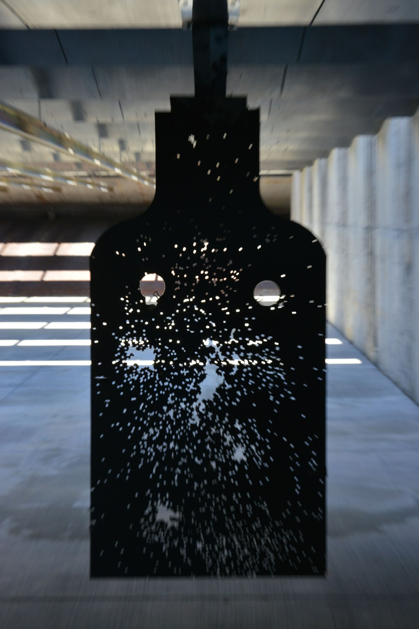 A used target hangs after being shot at during a marksmanship competition at the 20th Security Forces Squadron Combat Arms and Training Maintenance firing range, Shaw Air Force Base S.C., at Nov. 14, 2013. Nine U.S. Army Soldiers competed for the title of "top shot," firing M9 handguns and M16 rifles at 11 various targets. (U.S. Air Force photo by Airman 1st Class Jensen Stidham/Released)