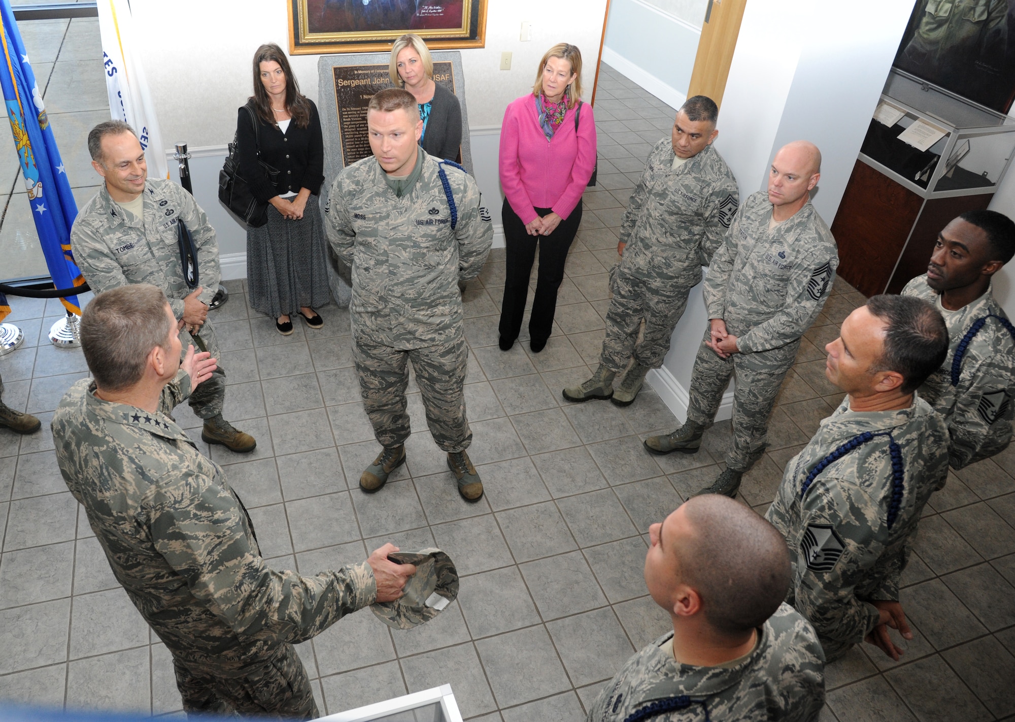 Gen. Robin Rand, Air Education and Training Command commander, speaks to Master Sgt. Jedadiah Moss, 81st Training Group military training leader, on the importance of the role of an MTL Nov. 14, 2013, at the Levitow Training Support Facility, Keesler Air Force Base, Miss. During a visit to Keesler, Rand was accompanied by his wife and Chief Master Sgt. Gerardo Tapia, AETC command chief.  The visit also included three commander’s calls, and a tour of the Keesler Medical Center and 2nd Air Force headquarters. (U.S. Air Force photo by Kemberly Groue)