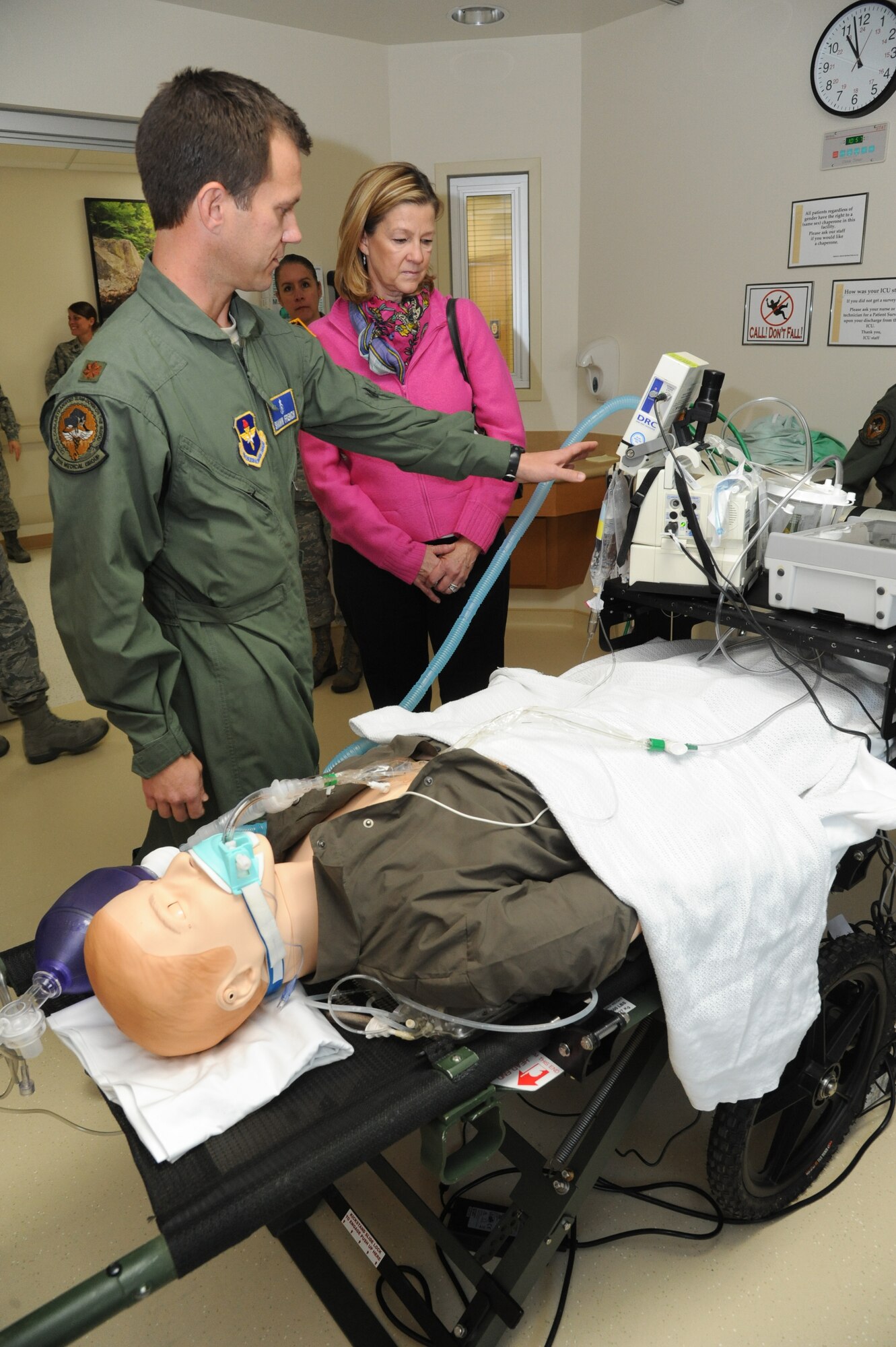Maj. Shawn French, 81st Medical Operations Squadron, briefs the wife of Gen. Robin Rand, Air Education and Training Command commander, on the critical care air transport team training equipment Nov. 14, 2013, at the Keesler Medical Center, Keesler Air Force Base, Miss. Rand was accompanied by Chief Master Sgt. Gerardo Tapia, AETC command chief, during a visit to Keesler which also included three commander’s calls, and a tour of the Levitow Training Support Facility and 2nd Air Force headquarters. (U.S. Air Force photo by Kemberly Groue)