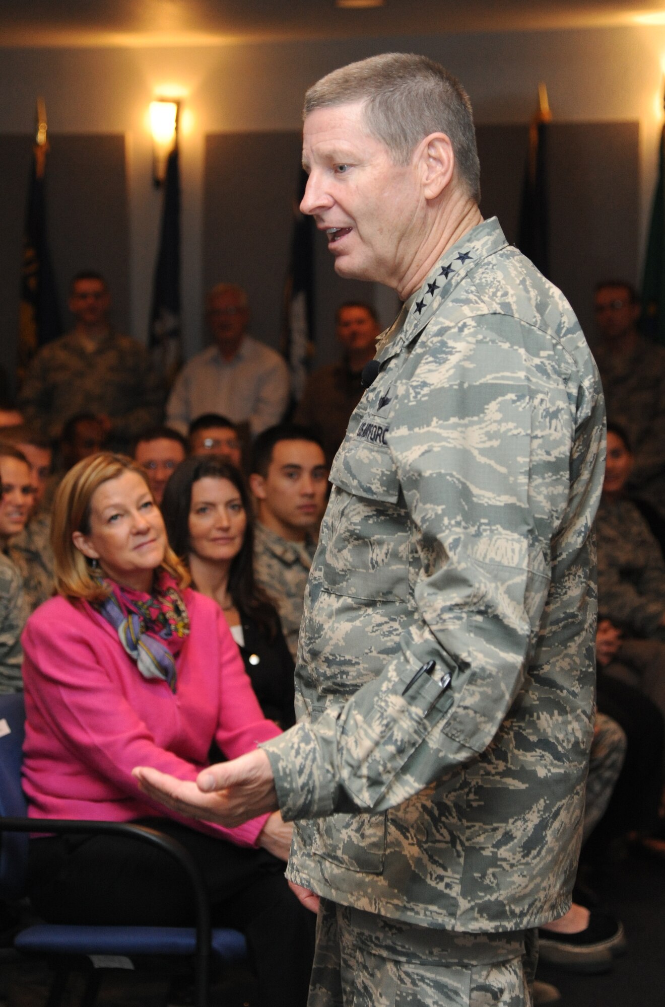 Gen. Robin Rand, Air Education and Training Command commander, speaks to Keesler Company Grade Officers and civilians at a commander’s call during a visit to Keesler Nov. 13-14, 2013, at the Keesler Medical Center, Keesler Air Force Base, Miss.  Rand was accompanied by his wife and Chief Master Sgt. Gerardo Tapia, AETC command chief.  The visit also included a tour of the 81st Medical Group, the Levitow Training Support Facility and 2nd Air Force headquarters. (U.S. Air Force photo by Kemberly Groue)