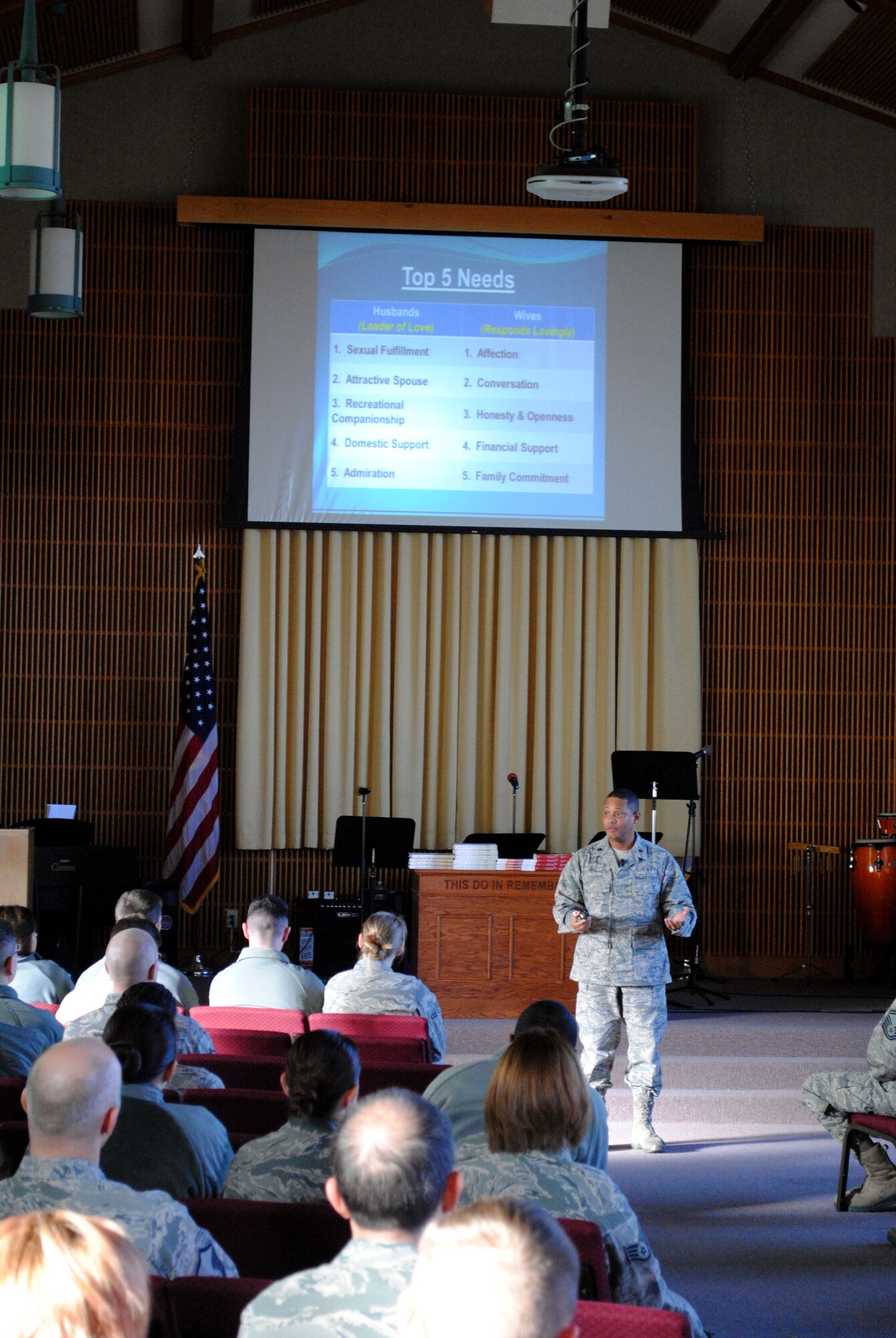 Chap. (Maj.) Steven Dabbs, 319th Air Base Wing head chaplain, provides examples of how to meet a spouse’s marital needs during the Top 5 Marital Needs of Men and Women seminar held at the Prairie Rose Chapel, Nov. 15, 2013, on Grand Forks Air Force Base, N.D.  The presentation was one of several marriage-enrichment seminars offered during the base’s recent Wingman Day, which focused on spiritual and social fitness. (U.S. Air Force photo/Staff Sgt. Luis Loza Gutierrez) 
