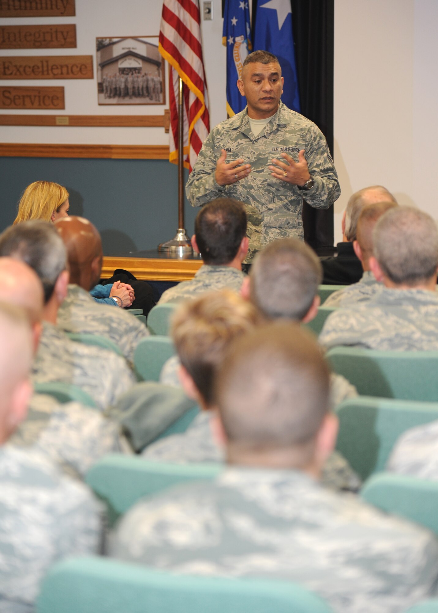 Chief Master Sgt. Gerardo Tapia, Air Education and Training Command command chief, speaks to Keesler commanders, chiefs and first sergeants at a commander’s call during a visit to Keesler Nov. 13-14, 2013, at the Mathies NCO Academy, Keesler Air Force Base, Miss.  Tapia accompanied Gen. Robin Rand, AETC commander, and his wife. The visit also included a tour of the 81st Medical Group, the Levitow Training Support Facility and 2nd Air Force headquarters.  (U.S. Air Force photo by Kemberly Groue)