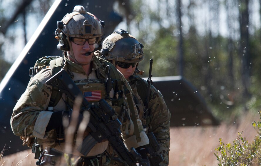 Pararescuemen from the 38th Rescue Squadron approach an injured survivor in a combat search and rescue task force training exercise near Valdosta, Ga., Nov. 13, 2013. The exercise demonstrated the capabilities and combat readiness of the 347th Rescue Group and 23d Fighter Group at Moody. (U.S. Air Force photo by Airman Dillian Bamman/Released)