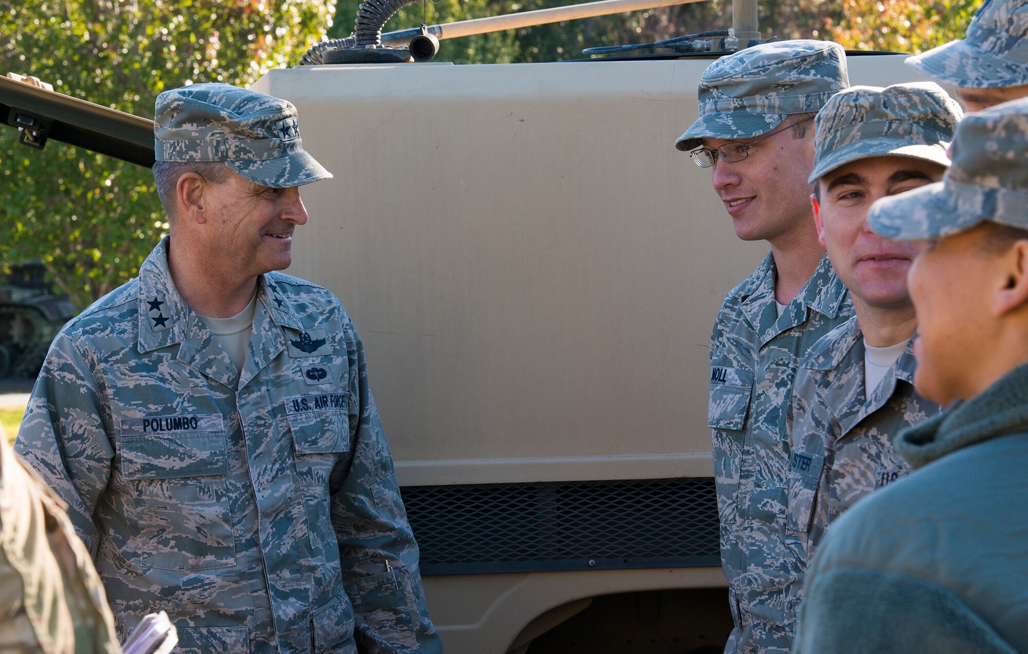 U.S. Air Force Maj. Gen Jake Polumbo, Ninth Air Force commander, greets Airmen at Grand Bay Bombing and Gunnery Range during a visit to Moody Air Force Base, Ga., Nov. 14, 2013. Polumbo met with tactical air control party airmen for a demonstration of their equipment and capabilities. (U.S. Air Force photo by Airman 1st Class Ryan Callaghan/Released)
