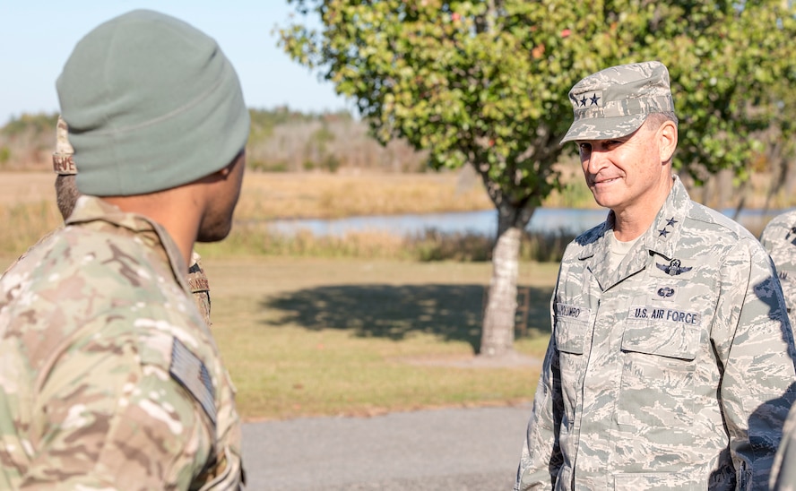 U.S. Air Force Maj. Gen Jake Polumbo, Ninth Air Force commander, greets Airmen at Grand Bay Bombing and Gunnery Range during a visit to Moody Air Force Base, Ga., Nov. 14, 2013. Polumbo and Chief Master Sgt. Scott Fuller, Ninth Air Force command chief, visited Moody Nov. 12-14. (U.S. Air Force photo by Airman 1st Class Ryan Callaghan/Released)