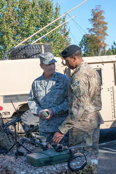 U.S. Air Force Maj. Gen. Jake Polumbo, Ninth Air Force commander, speaks to Senior Airman Nicolas Dunker, 15th Air Support Operations Squadron tactical air control party journeyman, about his equipment during a visit to Moody Air Force Base, Ga., Nov. 14, 2013. The TACPs demonstrated their ability to coordinate with overhead A-10C Thunderbolt II aircraft. (U.S. Air Force photo by Airman 1st Class Ryan Callaghan/Released)
