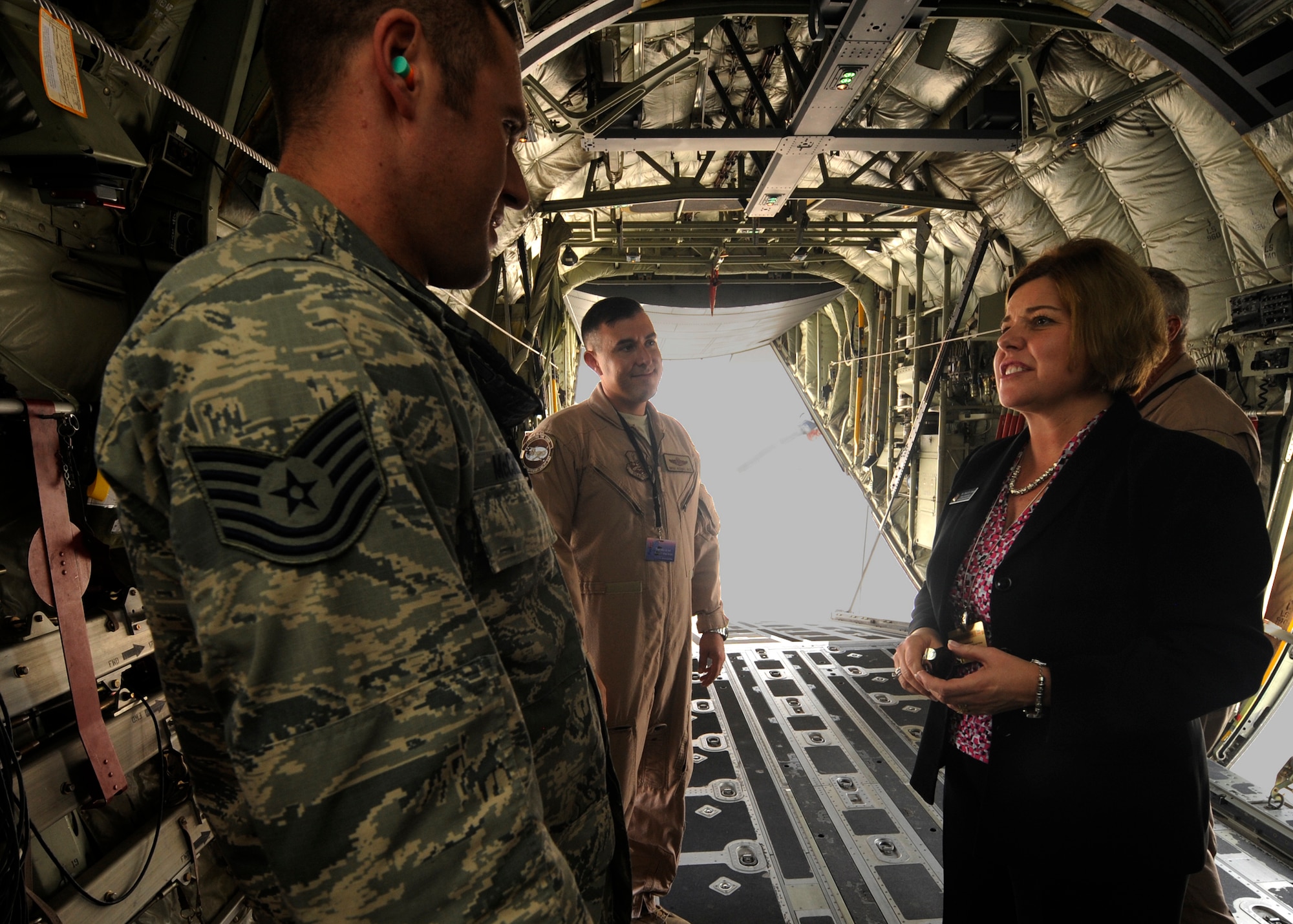 Ms. Heidi Grant greets a C130J crew supporting the 2013 Dubai Airshow at the Dubai World Central airport in Jebel Ali, Nov. 18, 2013. All U.S. military assets participating in the Airshow are deployed within the region. Grant is the Deputy Undersecretary of the Air Force for International Affairs. The C-130 crew is part of a total force integration unit deployed from Keesler Air Force Base, Miss. (U.S. Air Force photo/Senior Airman Bahja J. Jones)