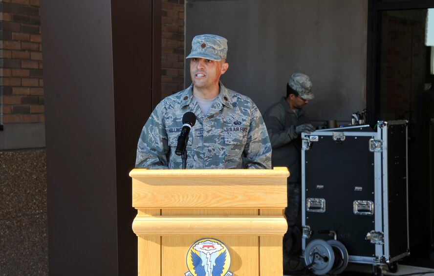 U.S. Air Force Maj. Chip Hollinger, 509th Force Support Squadron commander, speaks at the new 509th FSS building’s grand opening at Whiteman Air Force Base, Mo., Nov. 13, 2013. The new 509th FSS building is 12,000 square feet and cost $6 million; the facility will enable Force Support to better serve Airmen and their families. (U.S. Air Force photo by Airman 1st Class Keenan Berry/Released)