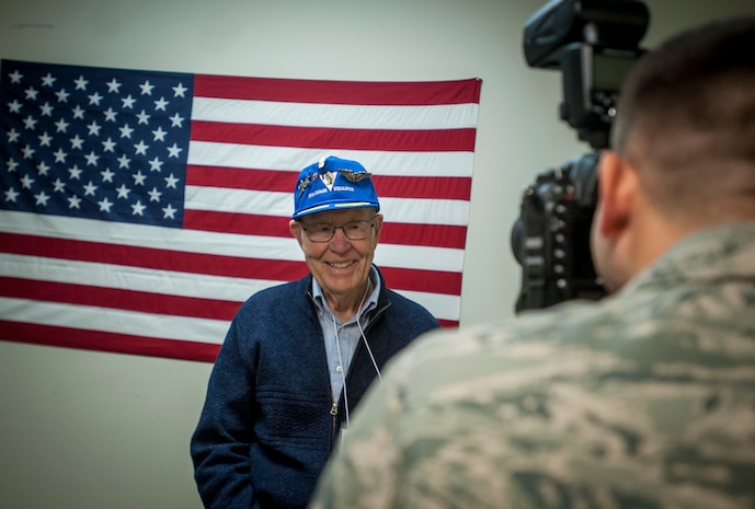 Ordell Lee, 781st Bombardier Squadron veteran, visits the 1st Combat Camera Squadron, Nov. 13, 2013, at Joint Base Charleston – Air Base, S.C. The veterans volunteered to have their stories documented by Combat Camera for an upcoming project. The 781st Bomb Squadron has held an annual reunion for more than 30 years and this year the host city was Charleston, S.C. While visiting the city, the veterans were given the opportunity to experience the mission at Joint Base Charleston during a base tour. (U.S. Air Force photo / Senior Airman Tom Brading) 