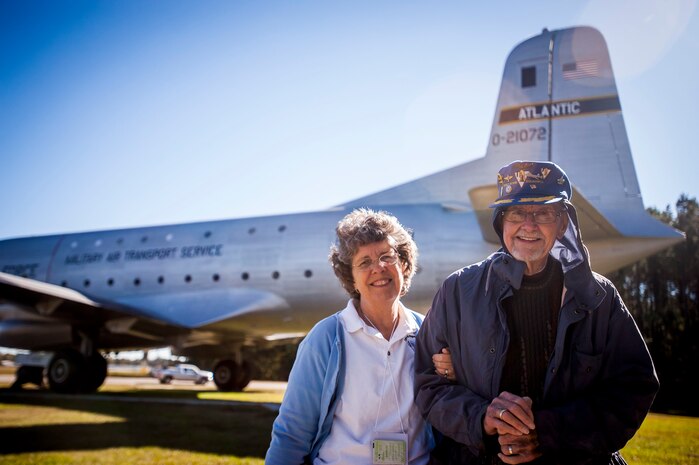 Debbie Cherry, 781st Bombardier Squadron reunion coordinator, and Earl Lenhart, 781st Bombardier Squadron veteran, visit the Air Park, Nov. 13, 2013, at Joint Base Charleston – Air Base, S.C. The group has held an annual reunion for more than 30 years. This year the host city was Charleston, S.C. While visiting the city, the veterans were given the opportunity to experience the mission at Joint Base Charleston during a base tour. (U.S. Air Force photo / Senior Airman Tom Brading) 