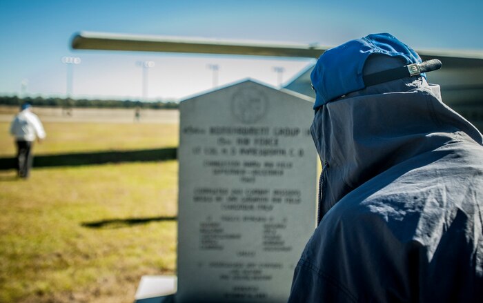 Earl Lenhart, 781st Bombardier Squadron veteran, visits the Air Park, Nov. 13, 2013, at Joint Base Charleston – Air Base, S.C. The 781st has held an annual reunion for more than 30 years. This year the host city was Charleston, S.C. While visiting the city, the veterans were given the opportunity to experience the mission at Joint Base Charleston during a base tour. (U.S. Air Force photo / Senior Airman Tom Brading) 