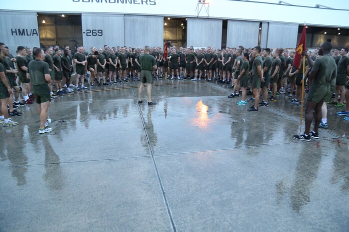 The Marine Aircraft Group (MAG) 29 Commanding Officer Col. James T. Jenkins speaks to the MAG-29 Marines after a formation run along the outskirts of the flight line aboard Marine Corps Air Station New River, N.C., Nov. 7, 2013. The run was performed in celebration of the 238th birthday of the Marine Corps.