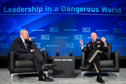 18th Chairman of the Joint Chiefs of Staff U.S. Army Gen. Martin E. Dempsey addresses the audience at The Wall Street Journal CEO Council Annual Meeting's dinner at the Four Seasons Hotel in Washington D.C., Nov. 18, 2013. Gen. Dempsey was interviewed by John Bussey, Assistant Managing Editor and Executive Business Editor for The Wall Street Journal; discussing leadership in a dangerous world, and the art of leadership, and the national security it's meant to protect.  DoD photo by U.S. Army Staff Sgt. Sean K. Harp