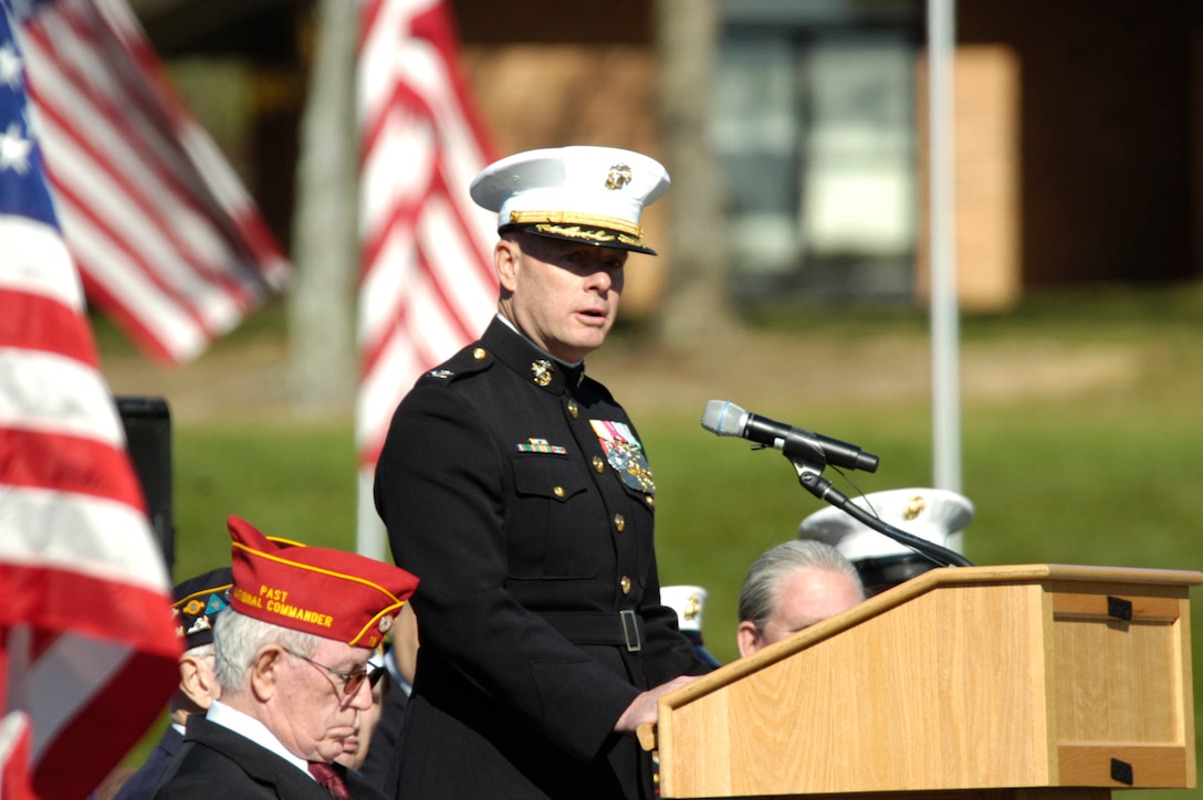 Col. David Maxwell, commander of Marine Corps Base Quantico, addresses the crowd at Quantico National Cemetery's Veterans Day ceremony Nov. 11. 