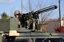 A soldier from the 35th Air Defense Artillery Brigade responds to a ground attack outside of the unit’s headquarters building during Operational Readiness Exercise Beverly Bulldog 14-01 at Osan Air Base, Republic of Korea, Nov.20, 2013. The exercise afforded soldiers and airmen the opportunity to practice the joint tactics and procedures they would use to defend the base during an actual attack. (U.S. Air Force photo/Staff Sgt. Emerson Nuñez)