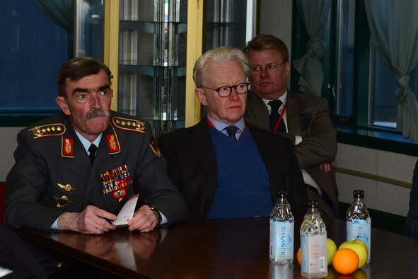 General Hans-Lothar Domröse, Commander Joint Force Command Brunssum German Army, receives a United States Air Force mission brief during a tour at Keflavik International Airport, Iceland, Nov. 19, 2013. The 48th Air Expeditionary Group conducts tours to highlight and further explain why the U.S. Air Force supports air policing and surveillance missions while deployed to Iceland. (U.S. Air Force photo by Airman 1st Class Dana J. Butler/Released)