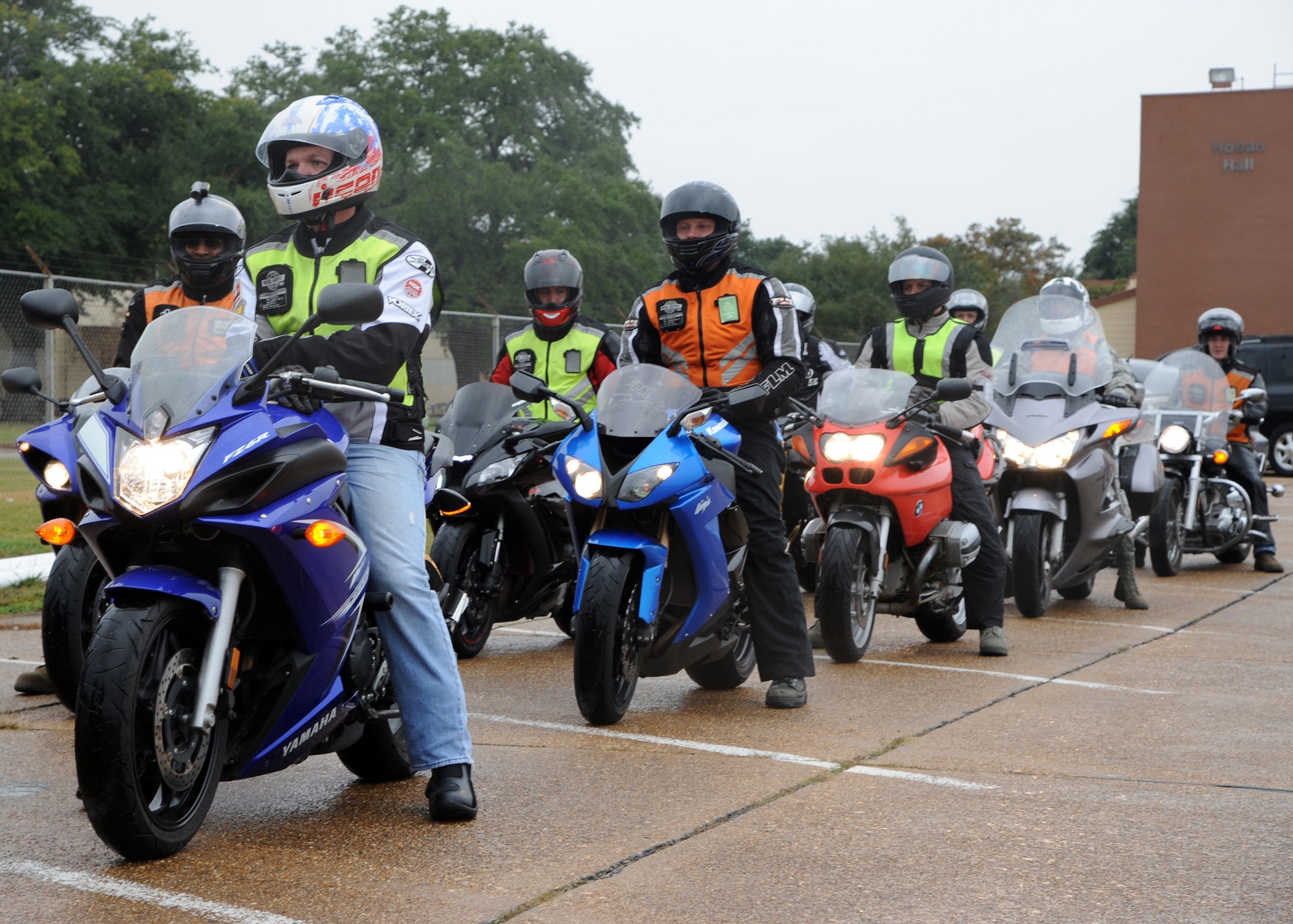 Motorcyclists depart for a two-hour ride on Barksdale Air Force Base, La., Nov. 15, 2013. The riders went the ride to celebrate the second year of the Cajun Rumble, an event which also involves a safety briefing, group photo and bike show. (U.S. Air Force photo/Senior Airman Joseph A. Pagán Jr.)