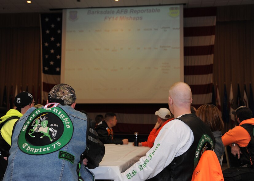 Motorcycle riders from the Green Knights, Chapter 75, attended a safety briefing at Hoban Hall on Barksdale Air Force Base, La., Nov. 15, 2013. The Green Knights are a motorcycle organization who promote safety and provide mentor rides for motorcyclist on base. (U.S. Air Force photo/Senior Airman Joseph A. Pagán Jr.)