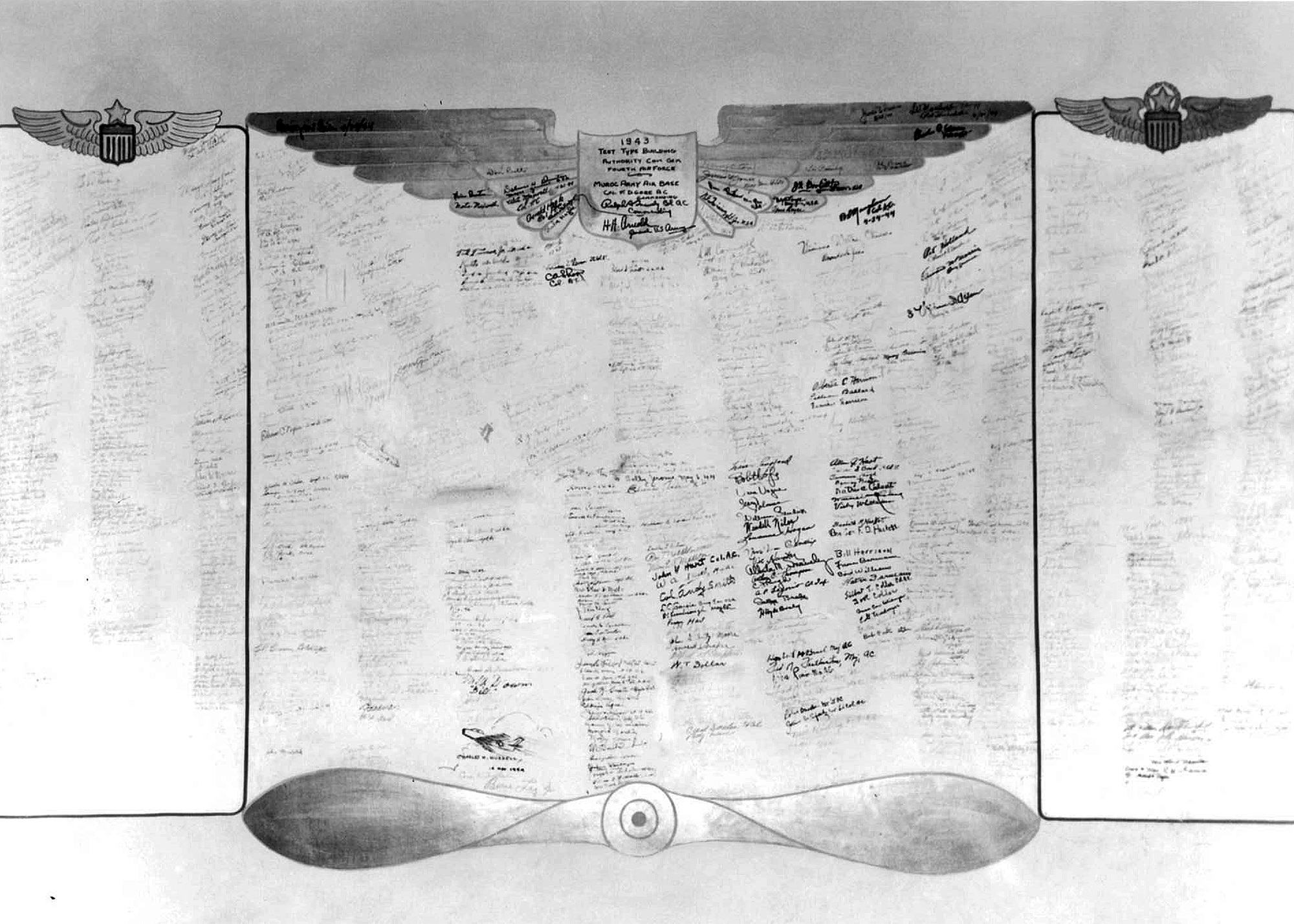 An original photograph of the Muroc Manor signature wall which is on display at Club Muroc in Pancho's Bar. The wall was previously located within the basement of Muroc Manor, the original home of the commanding general of Muroc Army Airfield. Until recently, the wall was initially going to be included in the demolition of Muroc Manor, but with the efforts of multiple organizations on and off base, team members were able to extract the wall in November in order to preserve a piece of flight test history. (U.S. Air Force courtesy photo)