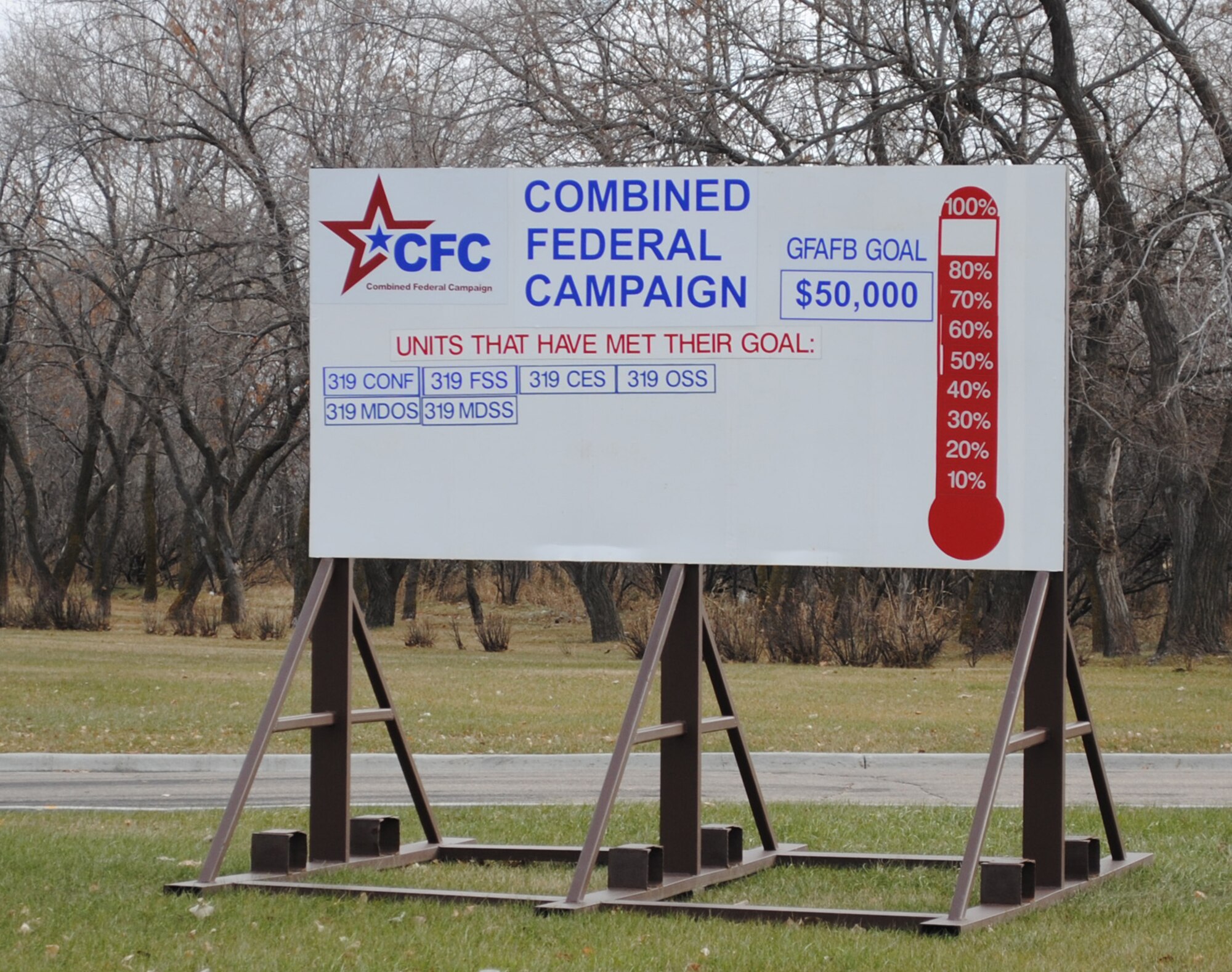 A sign for this year’s Combined Federal Campaign shows that the Warriors of the North have raised more than half of the 319th Air Base Wing's $50,000 goal. The last day to donate is Nov. 22, 2013. (U.S. Air Force photo/Staff Sgt. Luis Loza Gutierrez)
