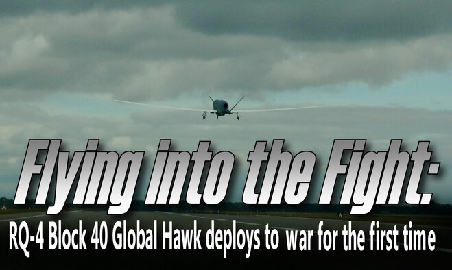 An RQ-Block 40 Global Hawk operated by the 69th Reconnaissance Group takes off from Grand Forks Air Force Base, N.D., Sept. 19, 2013. The historic flight marked the first time the Block 40 deployed to war. (U.S. Air Force photo illustration/Staff Sgt. Luis Loza Gutierrez/)